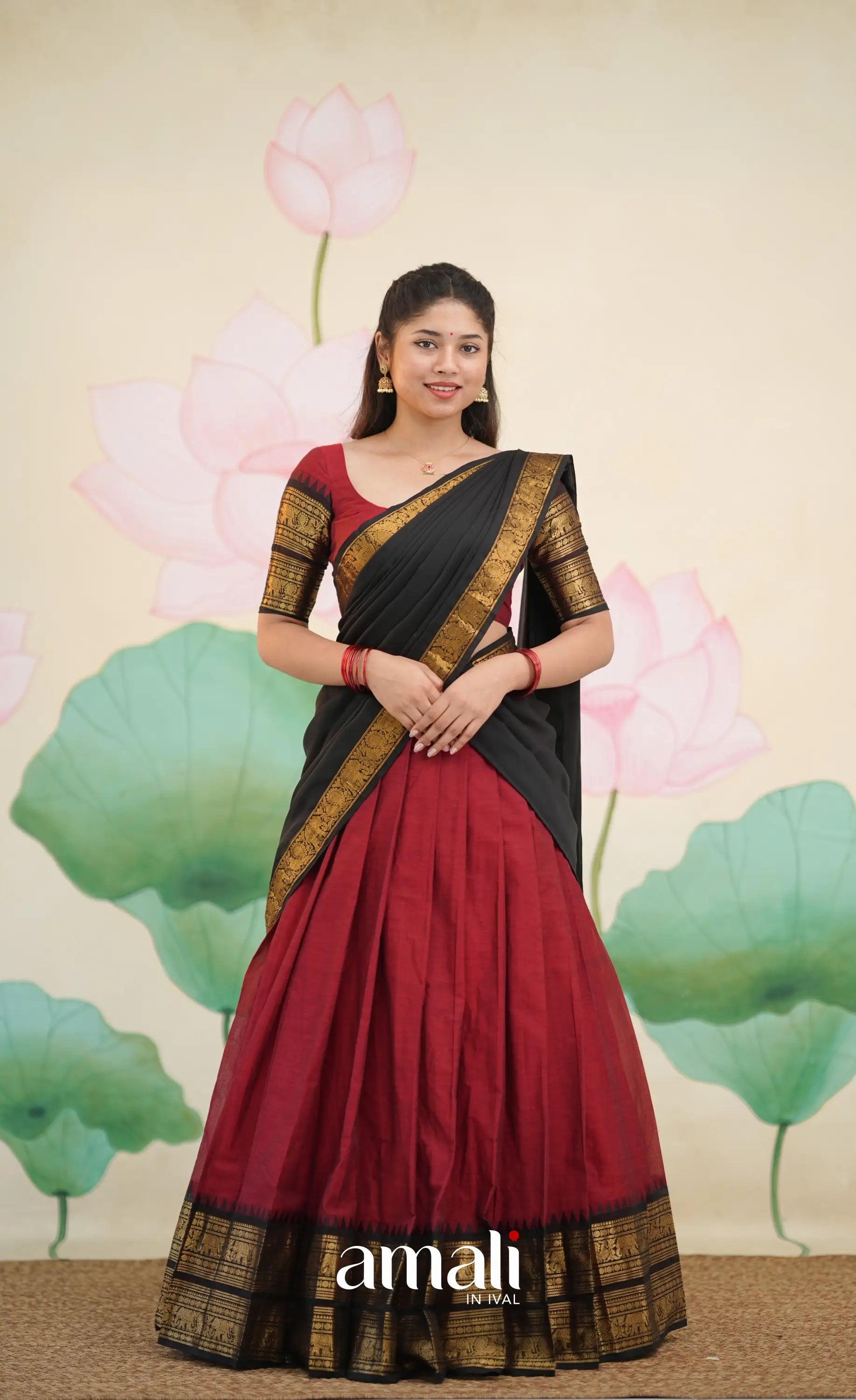 Padmaja Cotton Half Saree - Deep Reddish maroon and Black - Half Sarees