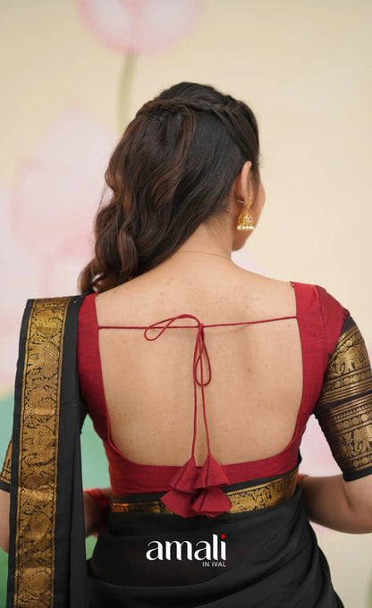 Padmaja Cotton Half Saree - Deep Reddish maroon and Black - Half Sarees