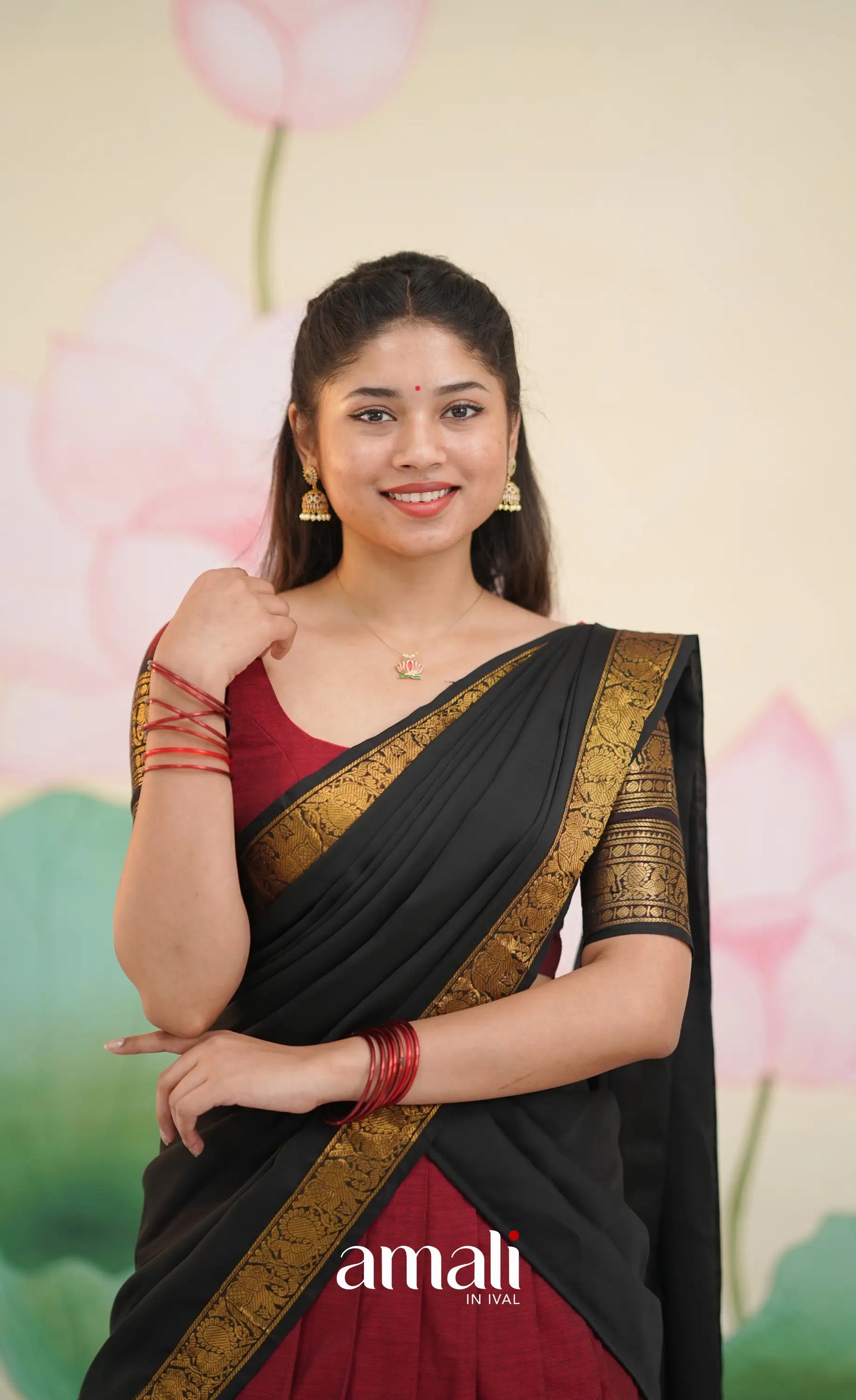 Padmaja Cotton Half Saree - Deep Reddish maroon and Black - Half Sarees