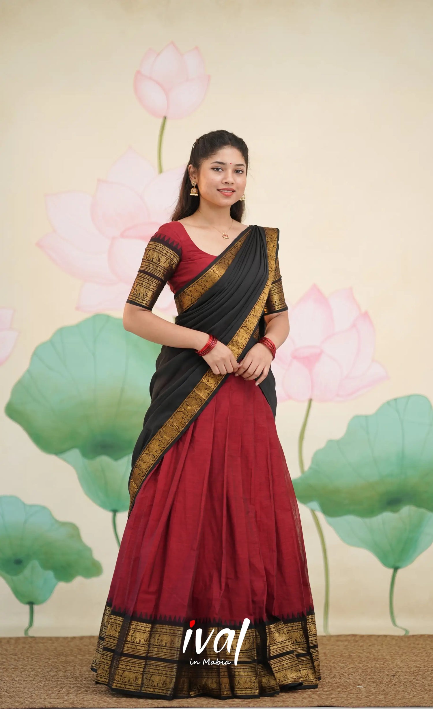 Padmaja Cotton Half Saree - Deep Reddish maroon and Black - Half Sarees