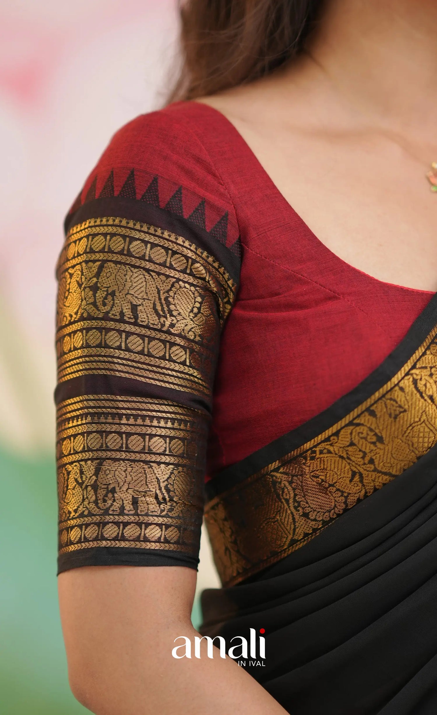 Padmaja Cotton Half Saree - Deep Reddish maroon and Black - Half Sarees