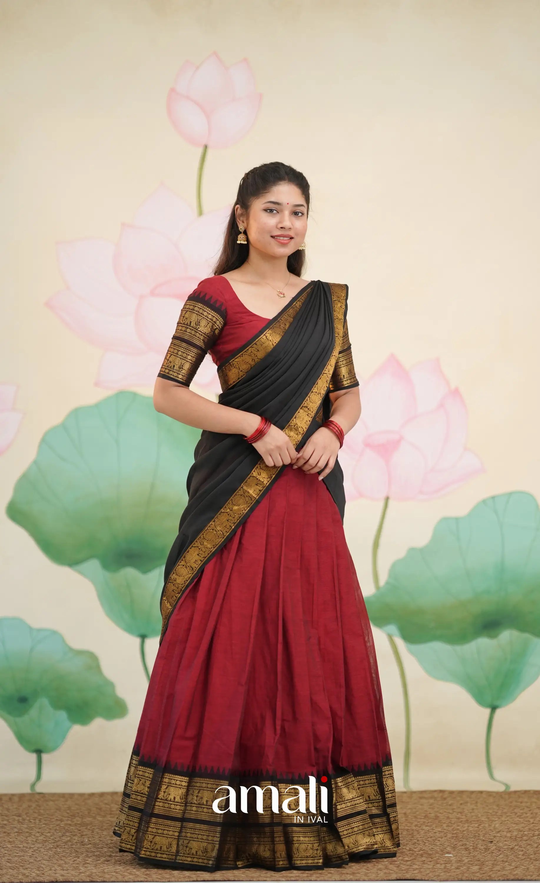 Padmaja Cotton Half Saree - Deep Reddish maroon and Black - Half Sarees