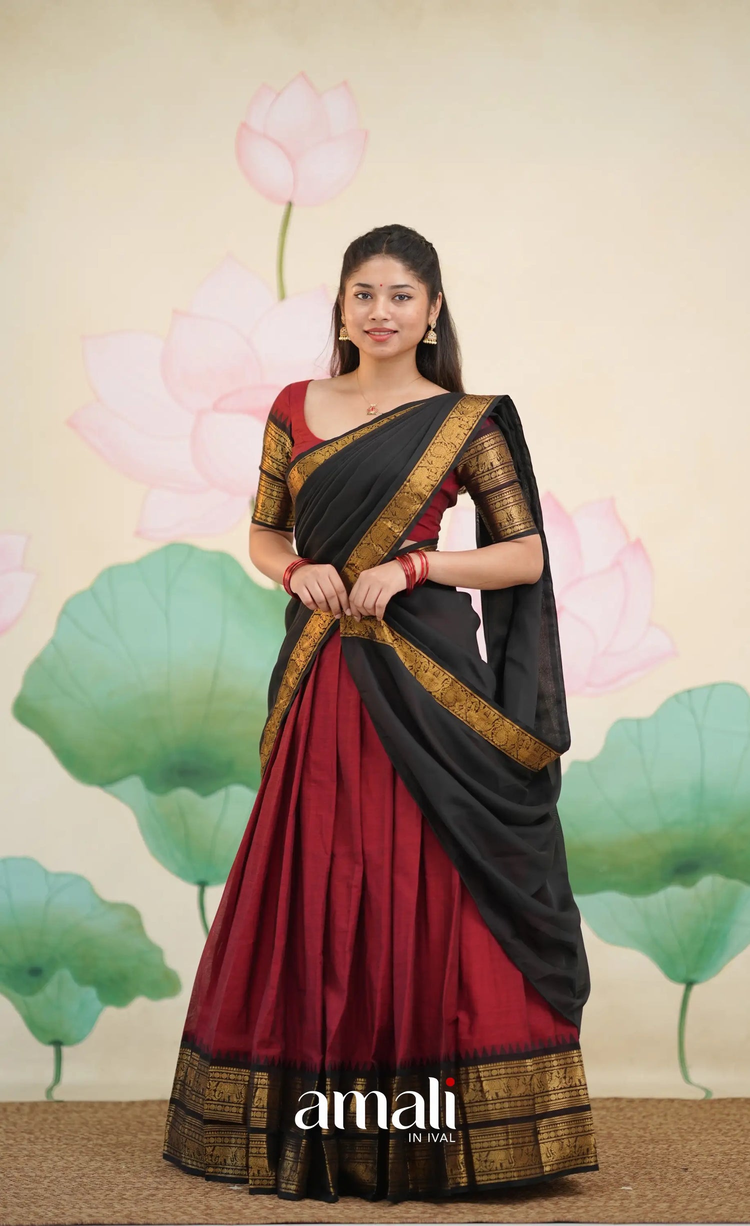 Padmaja Cotton Half Saree - Deep Reddish maroon and Black - Half Sarees