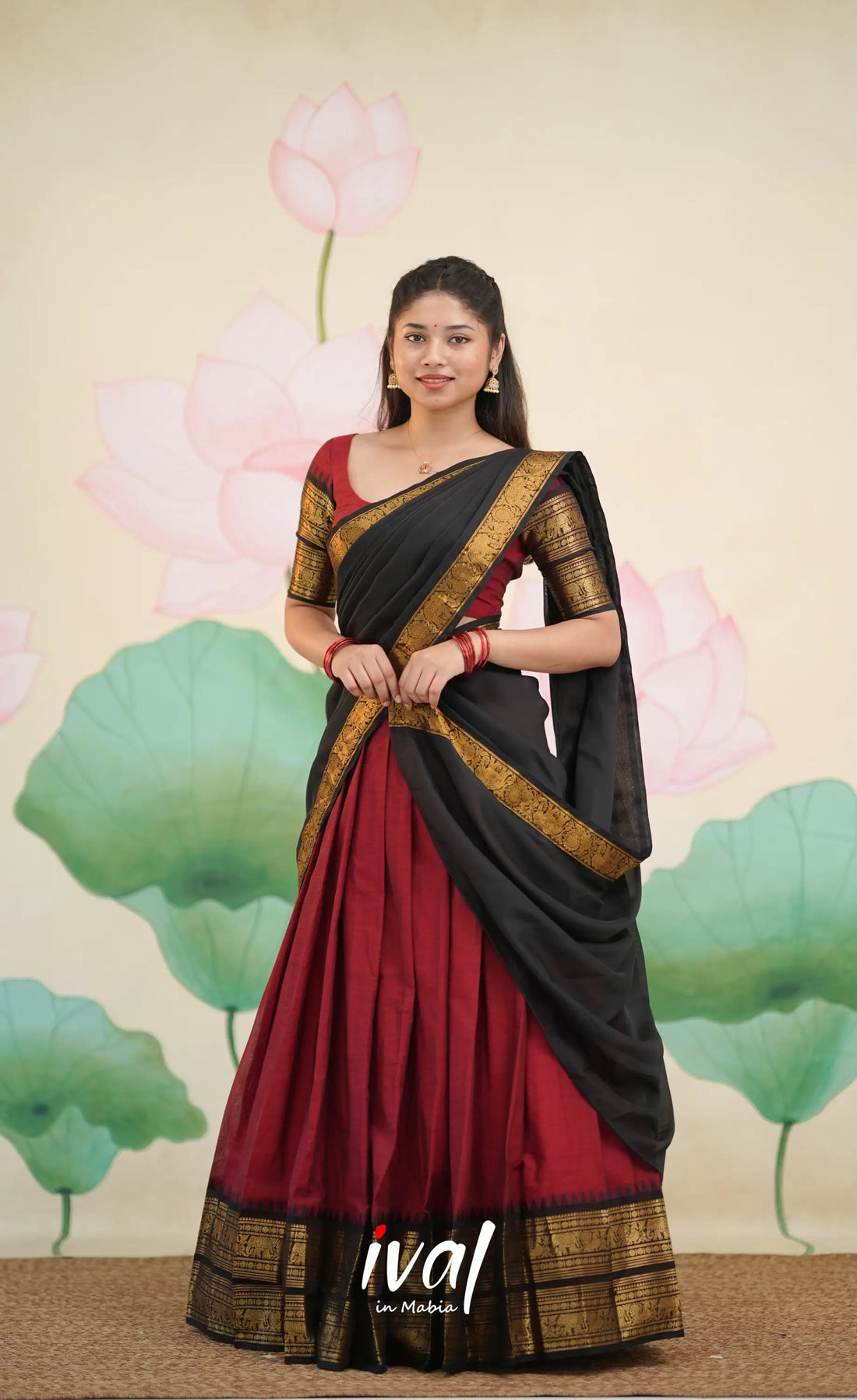 Padmaja Cotton Half Saree - Deep Reddish maroon and Black - Half Sarees