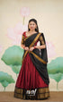 Padmaja Cotton Half Saree - Deep Reddish maroon and Black - Half Sarees