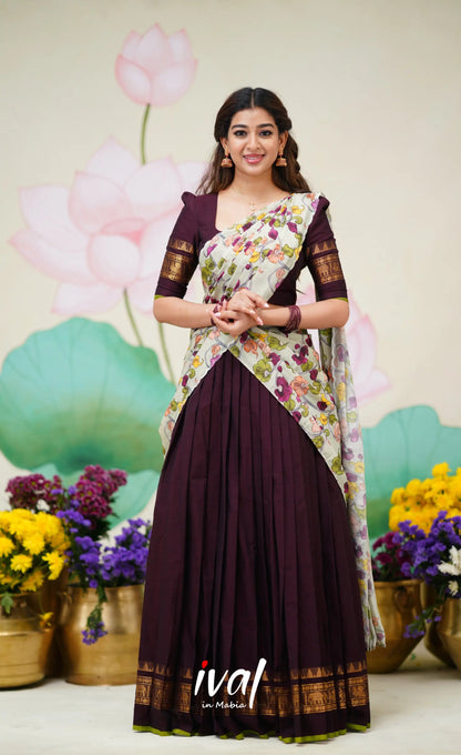 Padmaja Cotton Half Saree Deep wine and Pastel Green Half Sarees