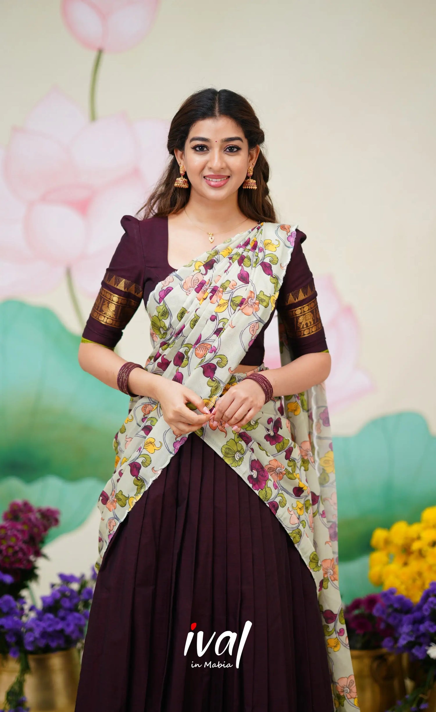 Padmaja Cotton Half Saree Deep wine and Pastel Green Half Sarees