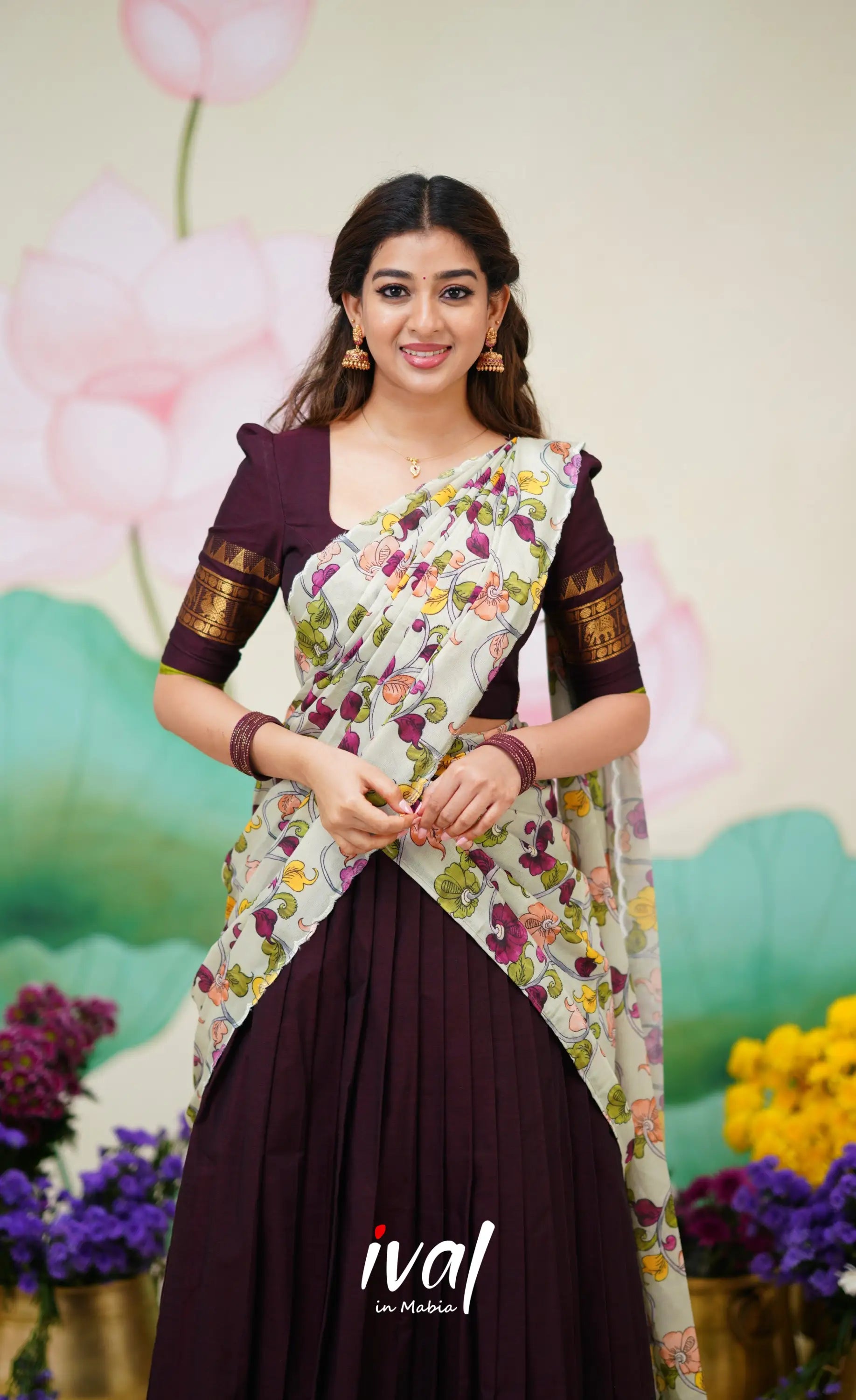 Padmaja Cotton Half Saree Deep wine and Pastel Green Half Sarees