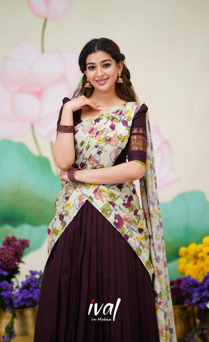 Padmaja Cotton Half Saree Deep wine and Pastel Green Half Sarees
