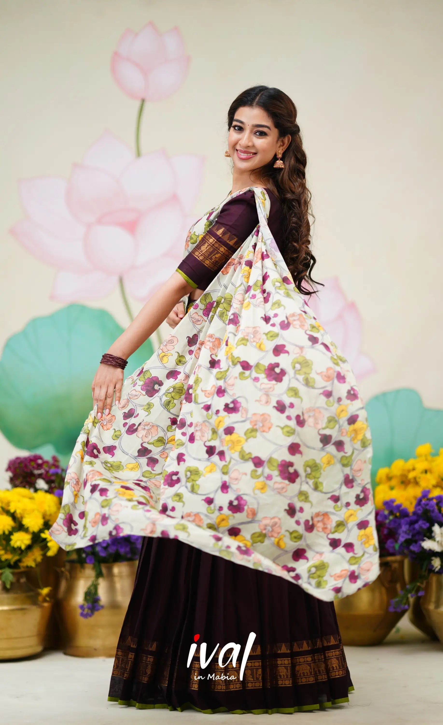 Padmaja Cotton Half Saree Deep wine and Pastel Green Half Sarees