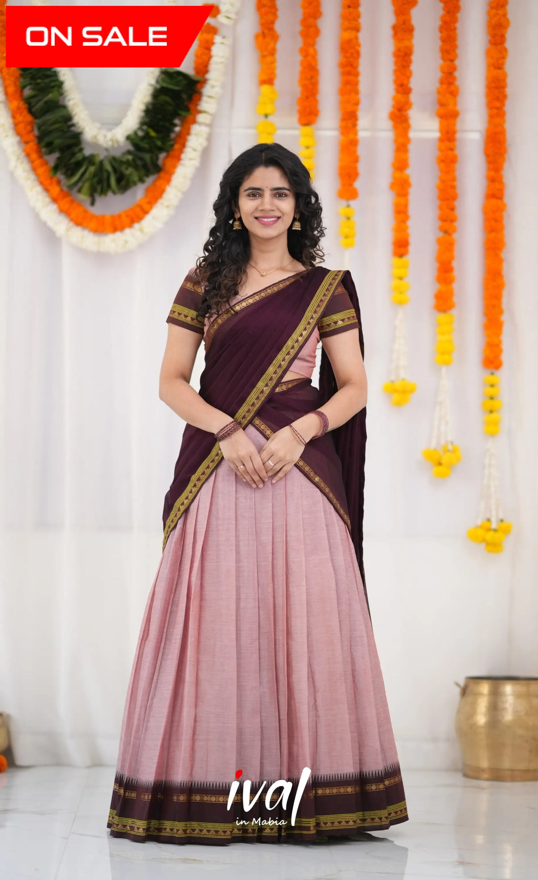 Padmaja Cotton Half Saree - Dusky Pink and Brownish Maroon Half Sarees