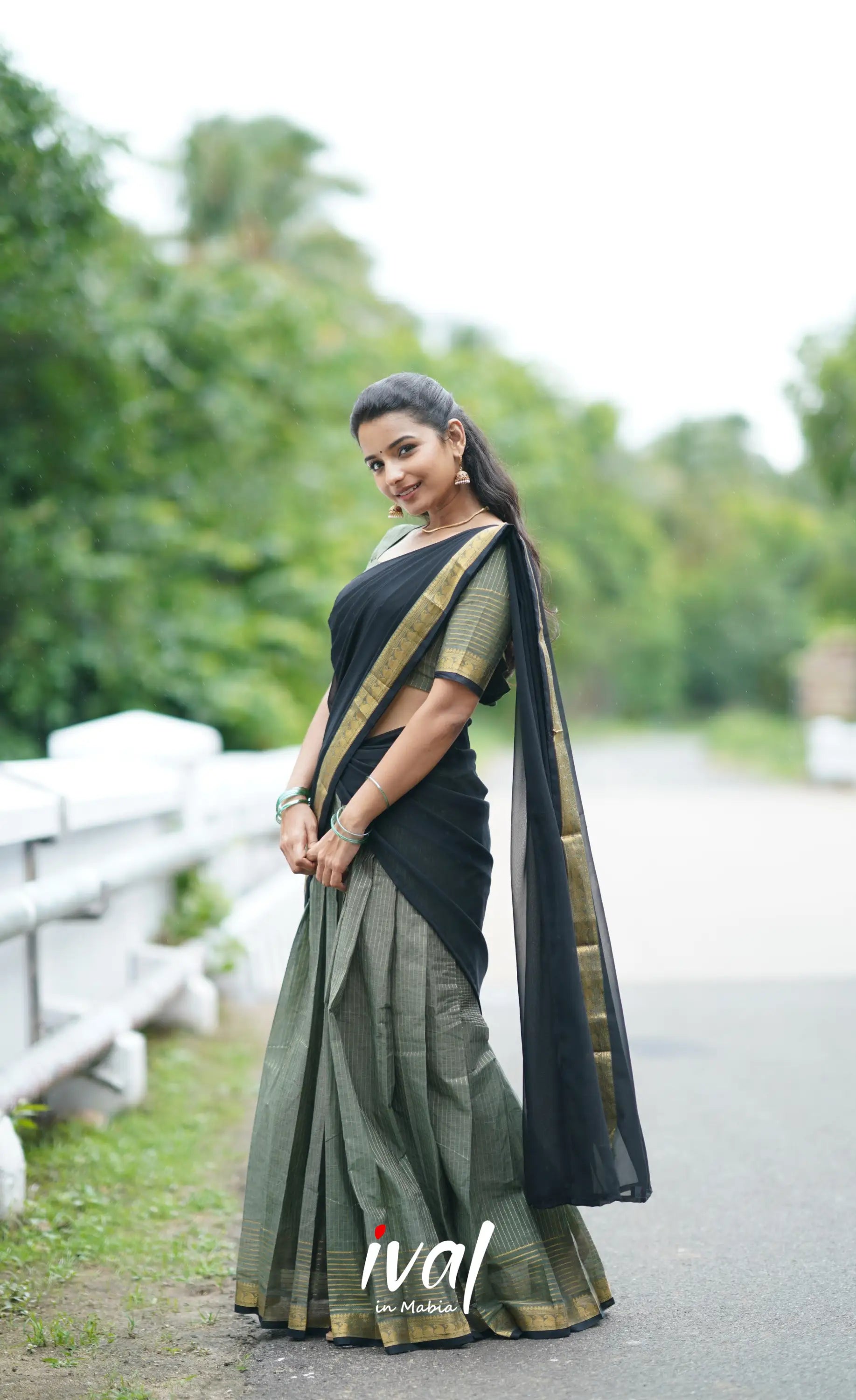 Padmaja Cotton Half Saree - Grey And Black Sarees