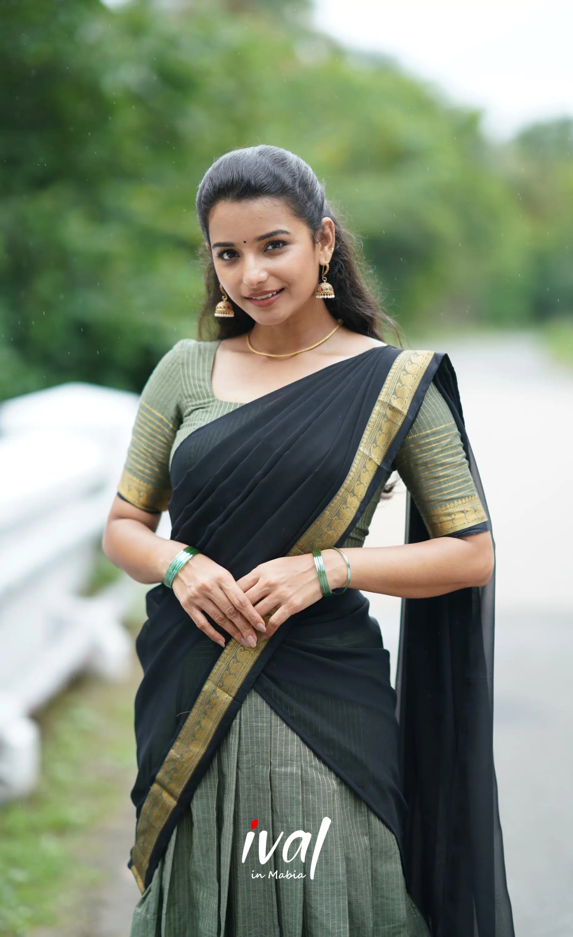 Padmaja Cotton Half Saree - Grey And Black Sarees