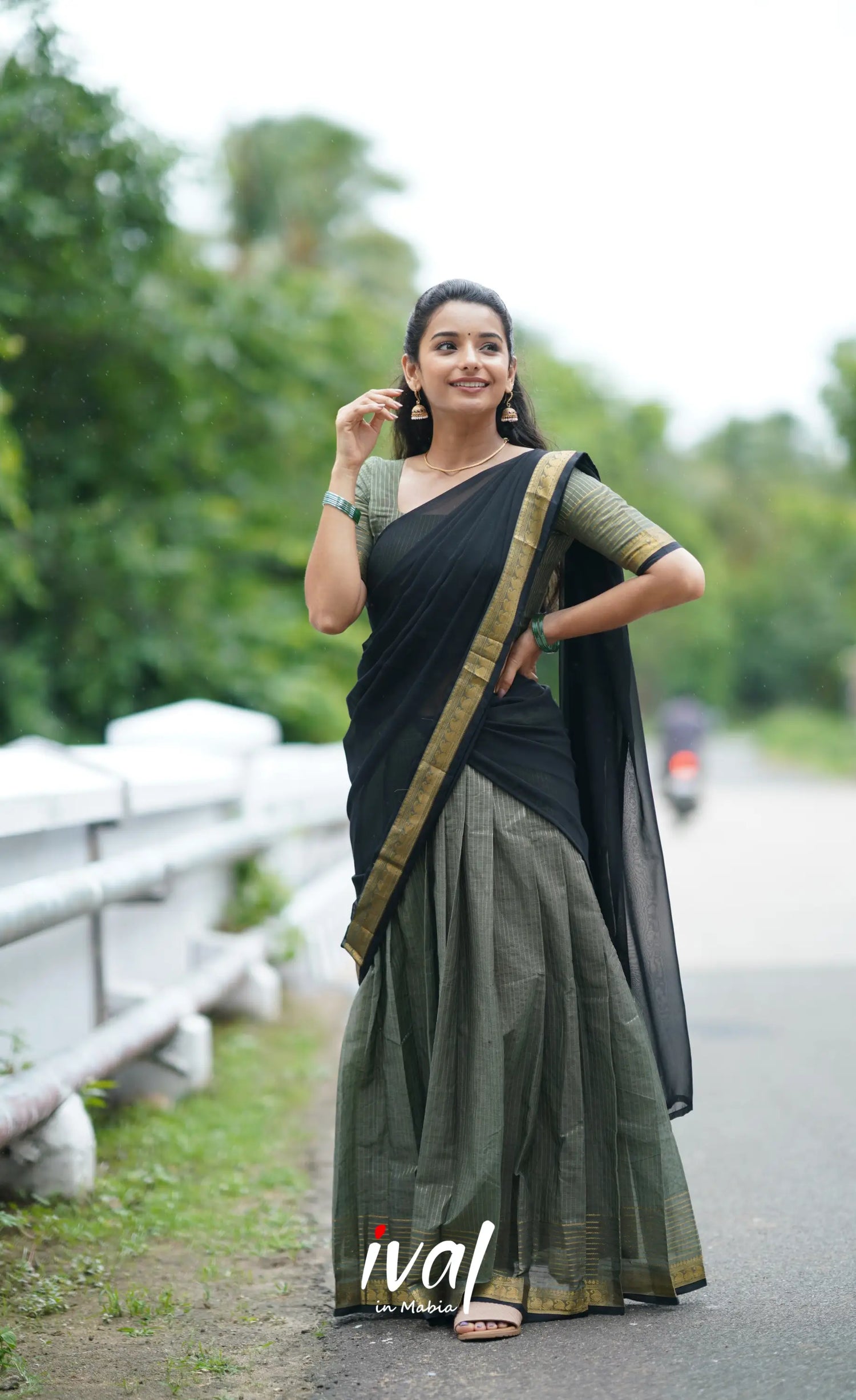 Padmaja Cotton Half Saree - Grey And Black Sarees