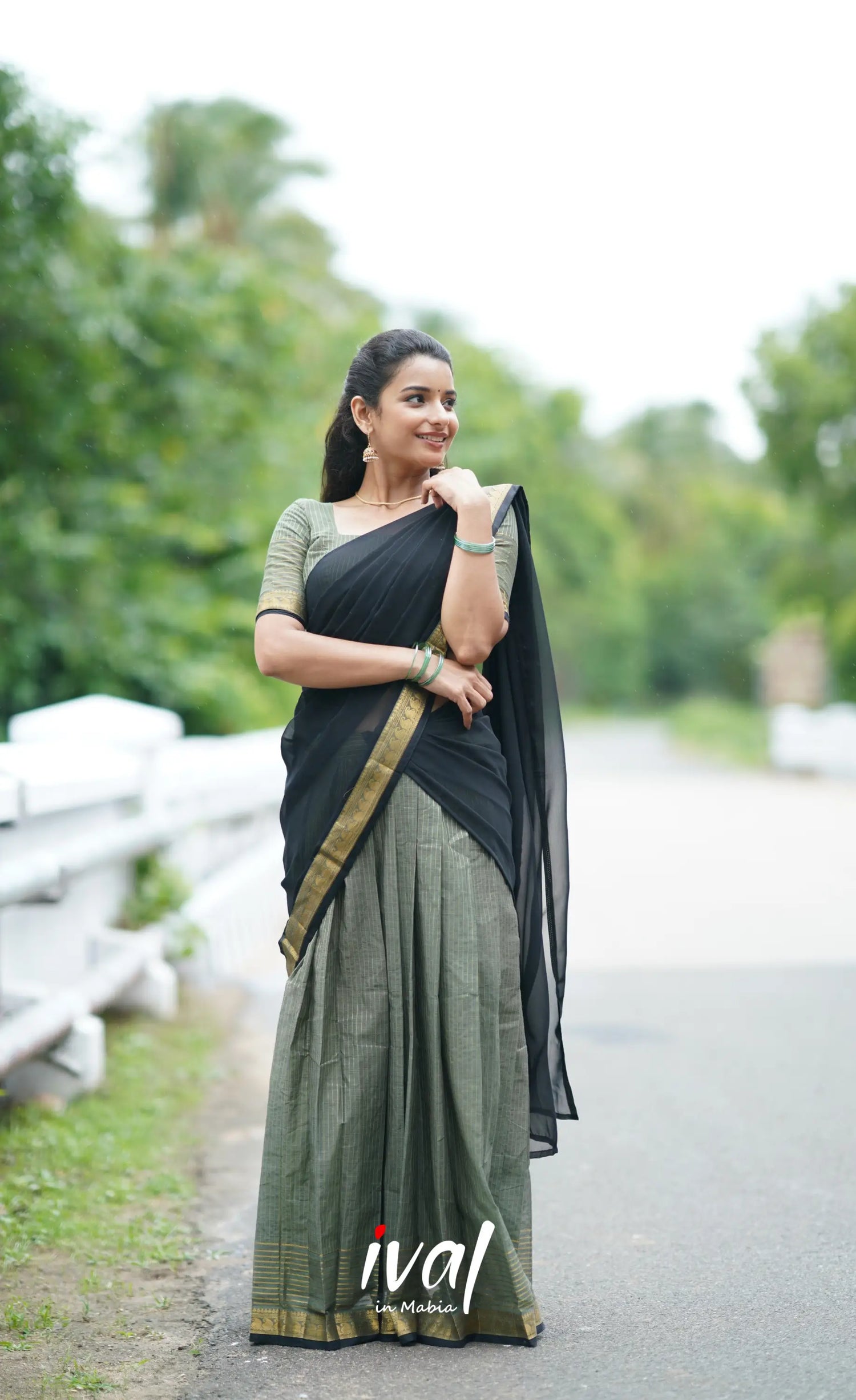 Padmaja Cotton Half Saree - Grey And Black Sarees