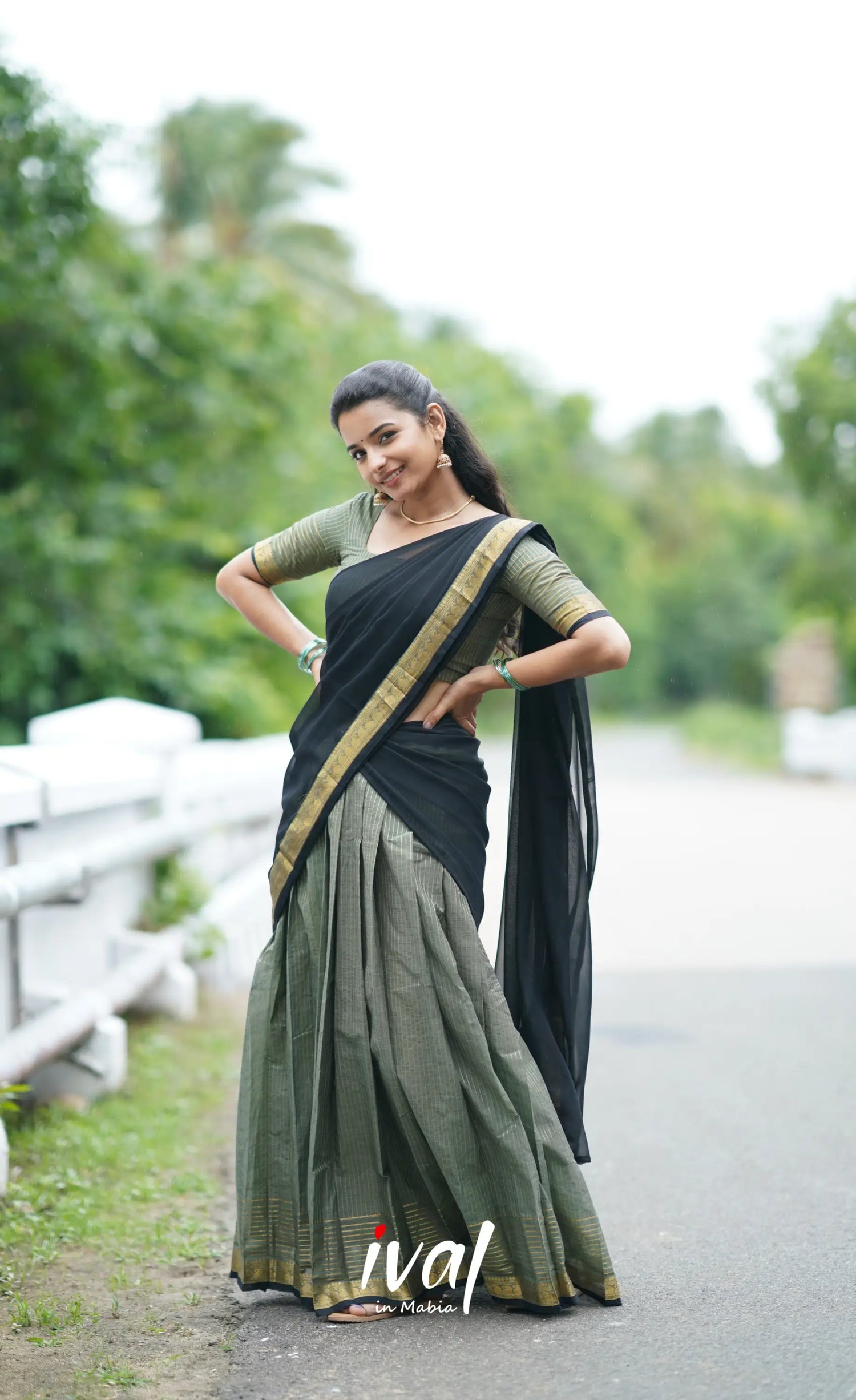 Padmaja Cotton Half Saree - Grey And Black Sarees