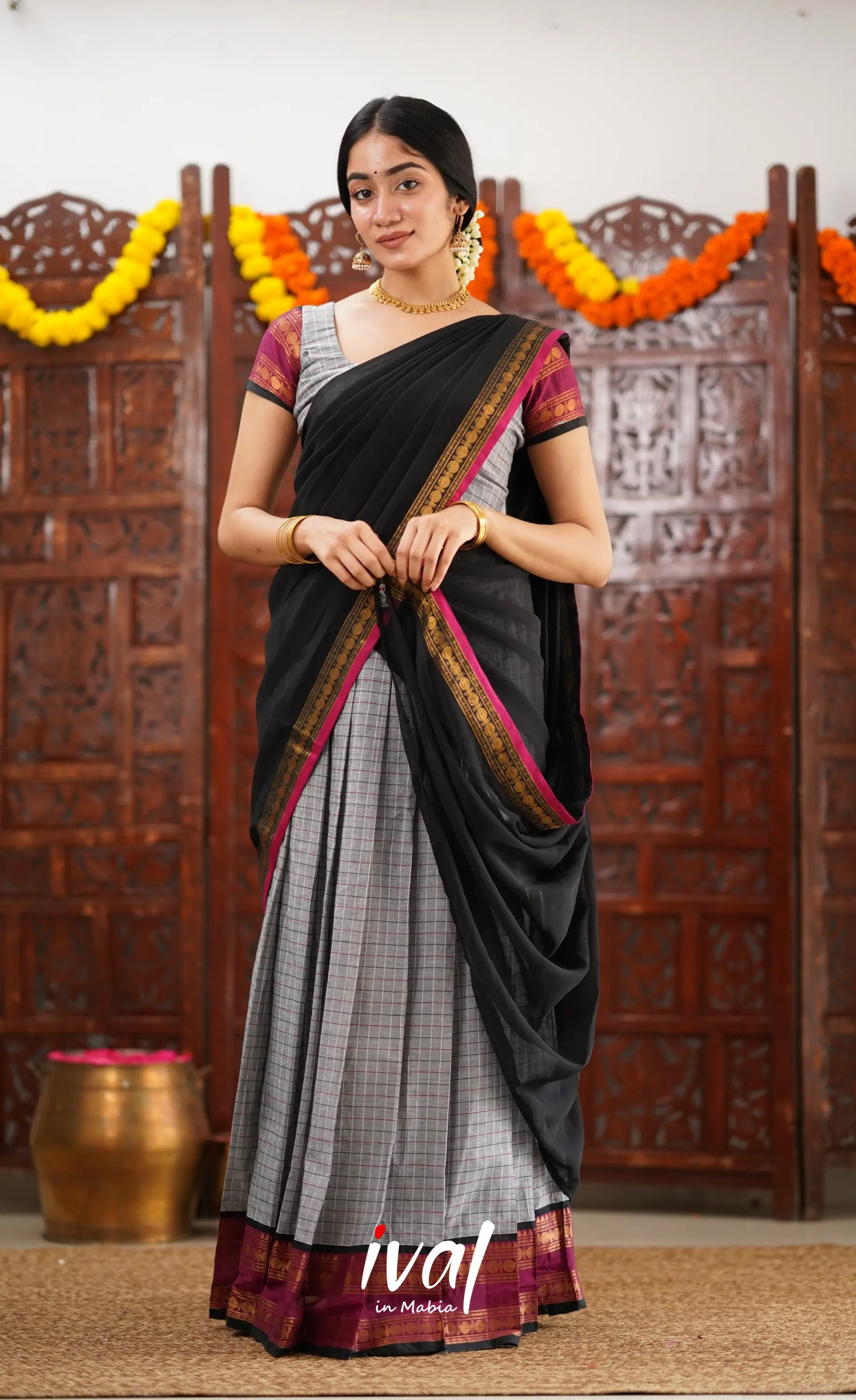 Padmaja Cotton Half Saree - Grey And Black Sarees