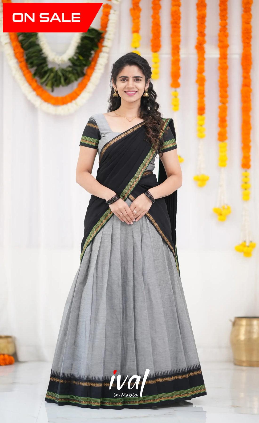 Padmaja Cotton Half Saree - Grey and Black Half Sarees