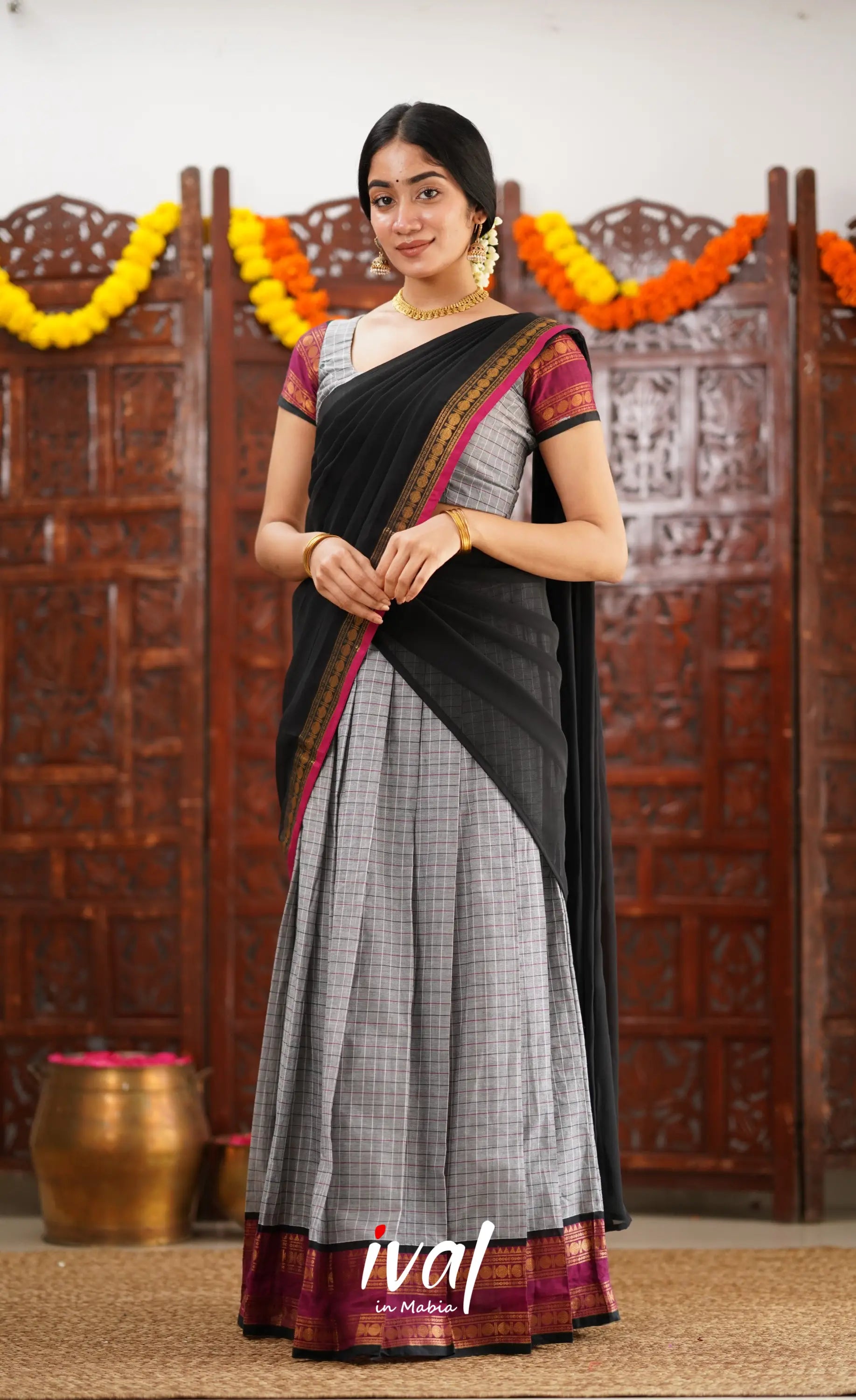 Padmaja Cotton Half Saree - Grey And Black Sarees