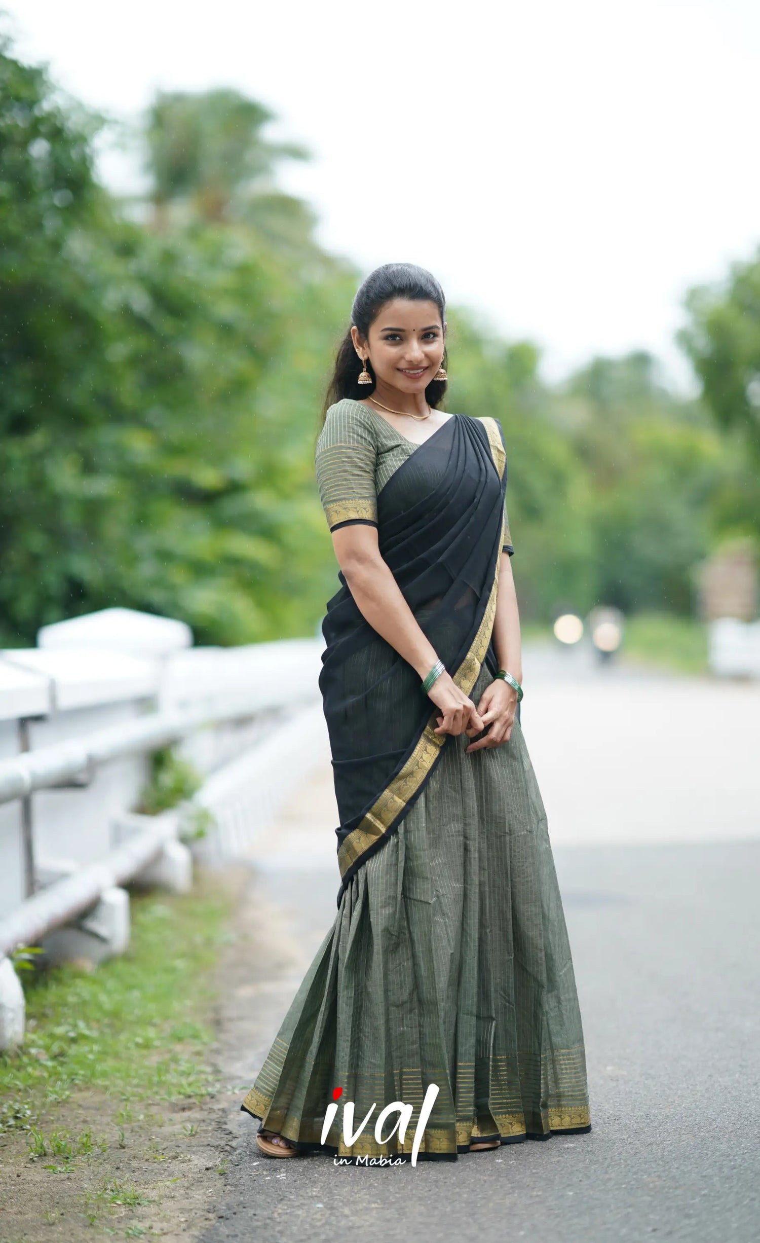 Padmaja Cotton Half Saree - Grey And Black Sarees