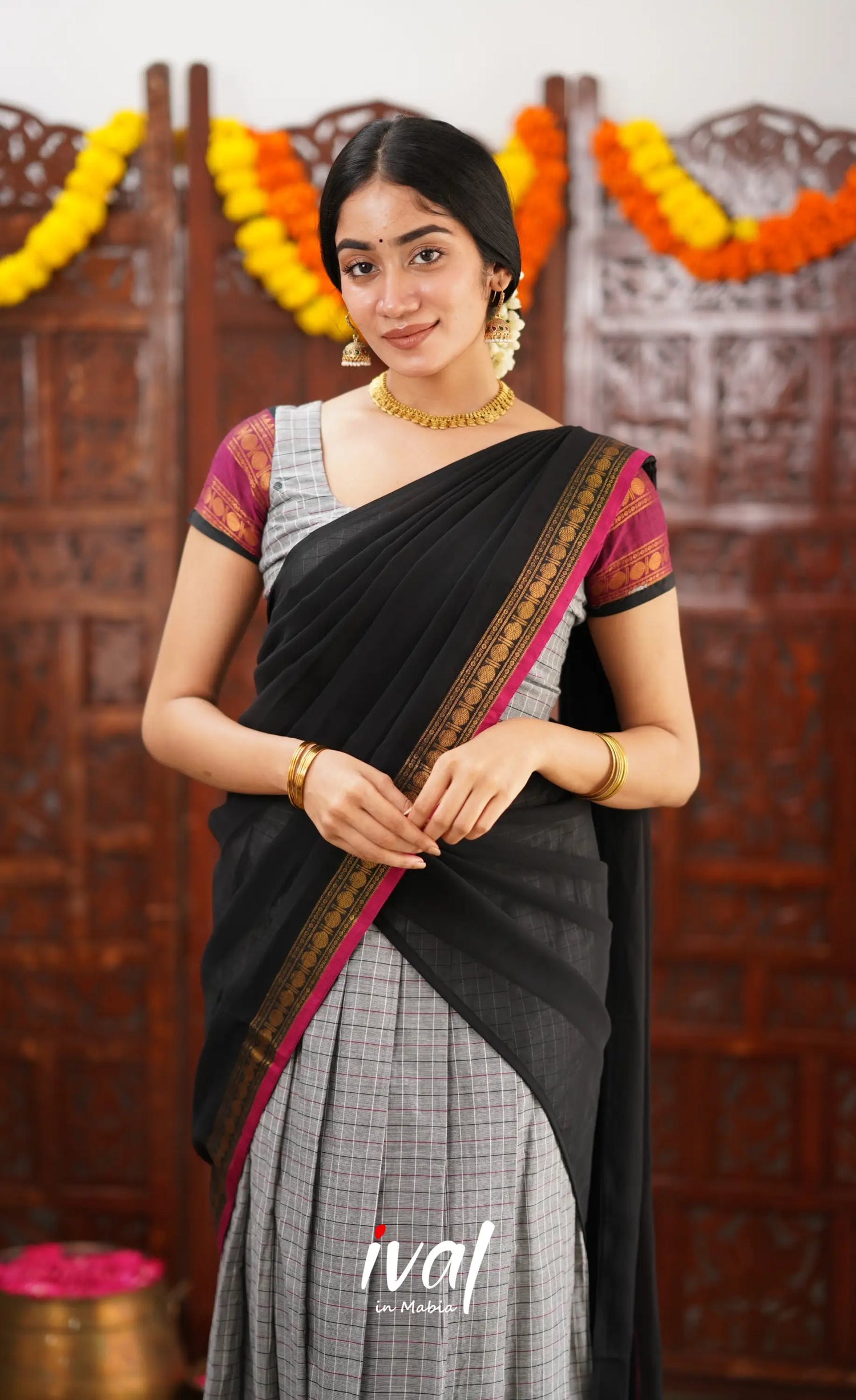 Padmaja Cotton Half Saree - Grey And Black Sarees