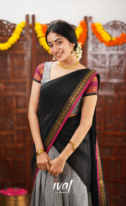 Padmaja Cotton Half Saree - Grey And Black Sarees