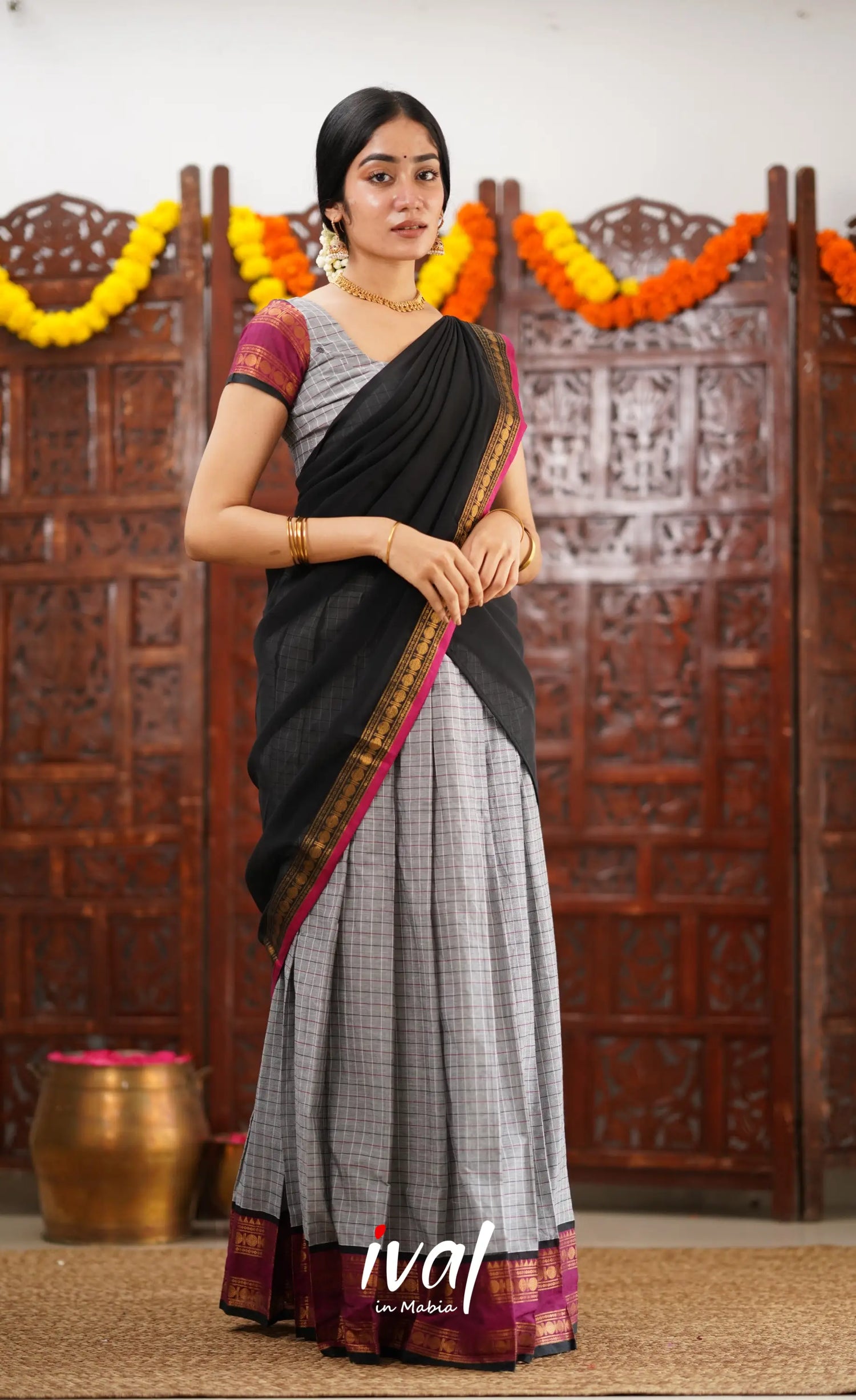 Padmaja Cotton Half Saree - Grey And Black Sarees