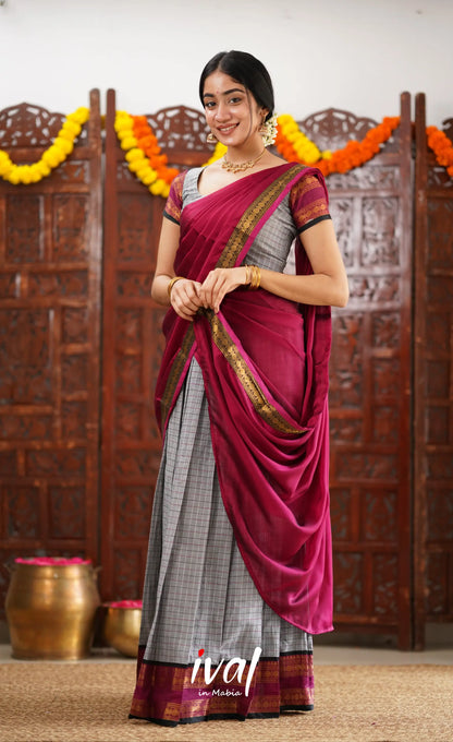 Padmaja Cotton Half Saree - Grey And Pinkish Magenta Sarees