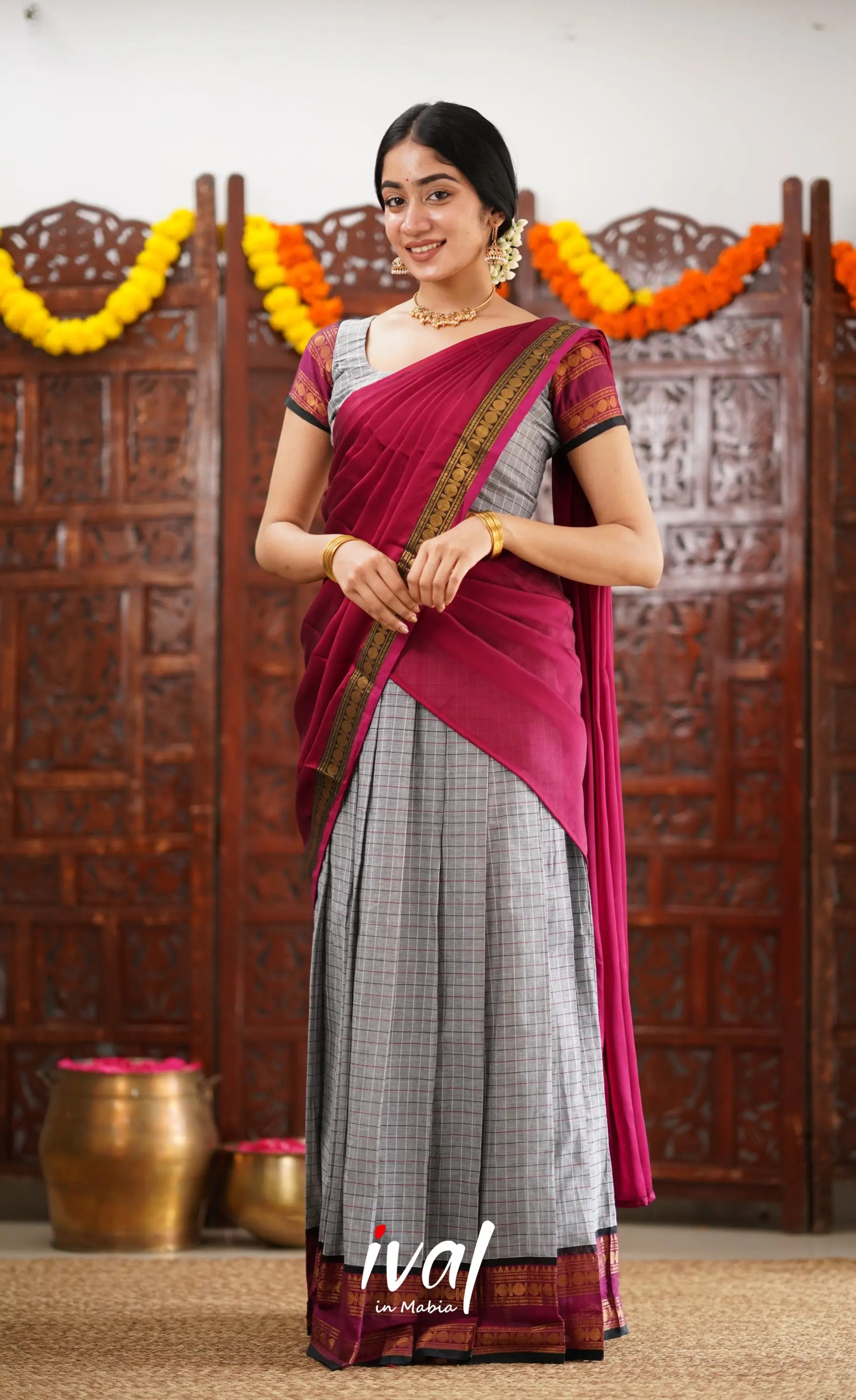 Padmaja Cotton Half Saree - Grey And Pinkish Magenta Sarees