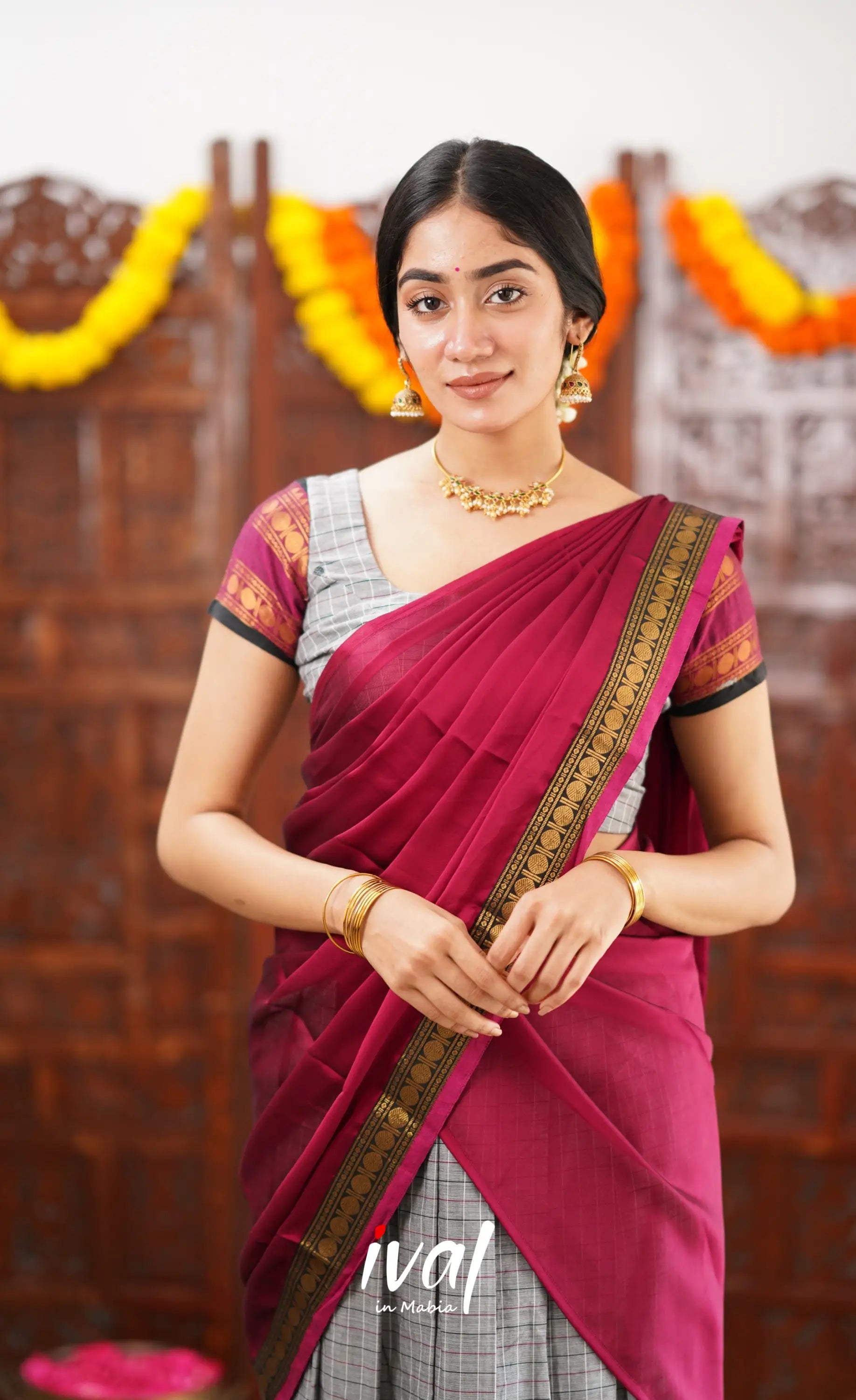 Padmaja Cotton Half Saree - Grey And Pinkish Magenta Sarees