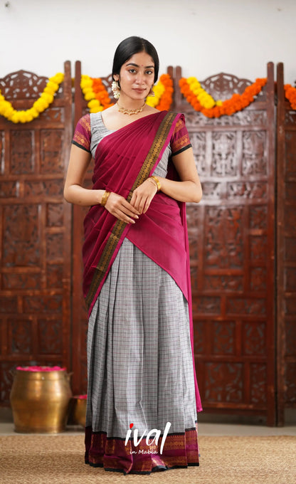 Padmaja Cotton Half Saree - Grey And Pinkish Magenta Sarees