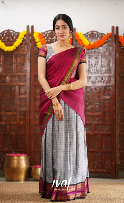 Padmaja Cotton Half Saree - Grey And Pinkish Magenta Sarees