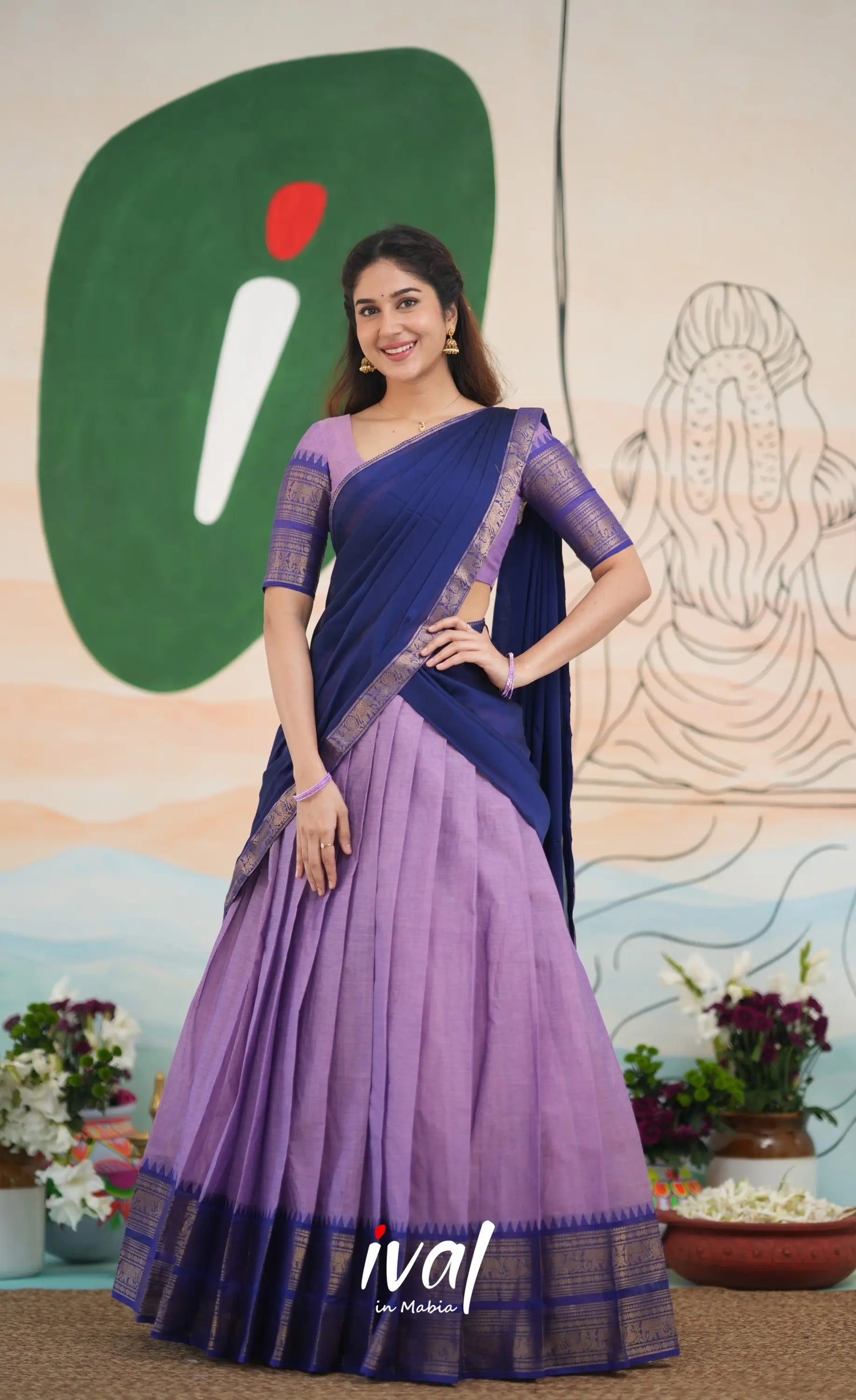 Padmaja Cotton Half Saree - Lavender and Dark Blue Half Sarees