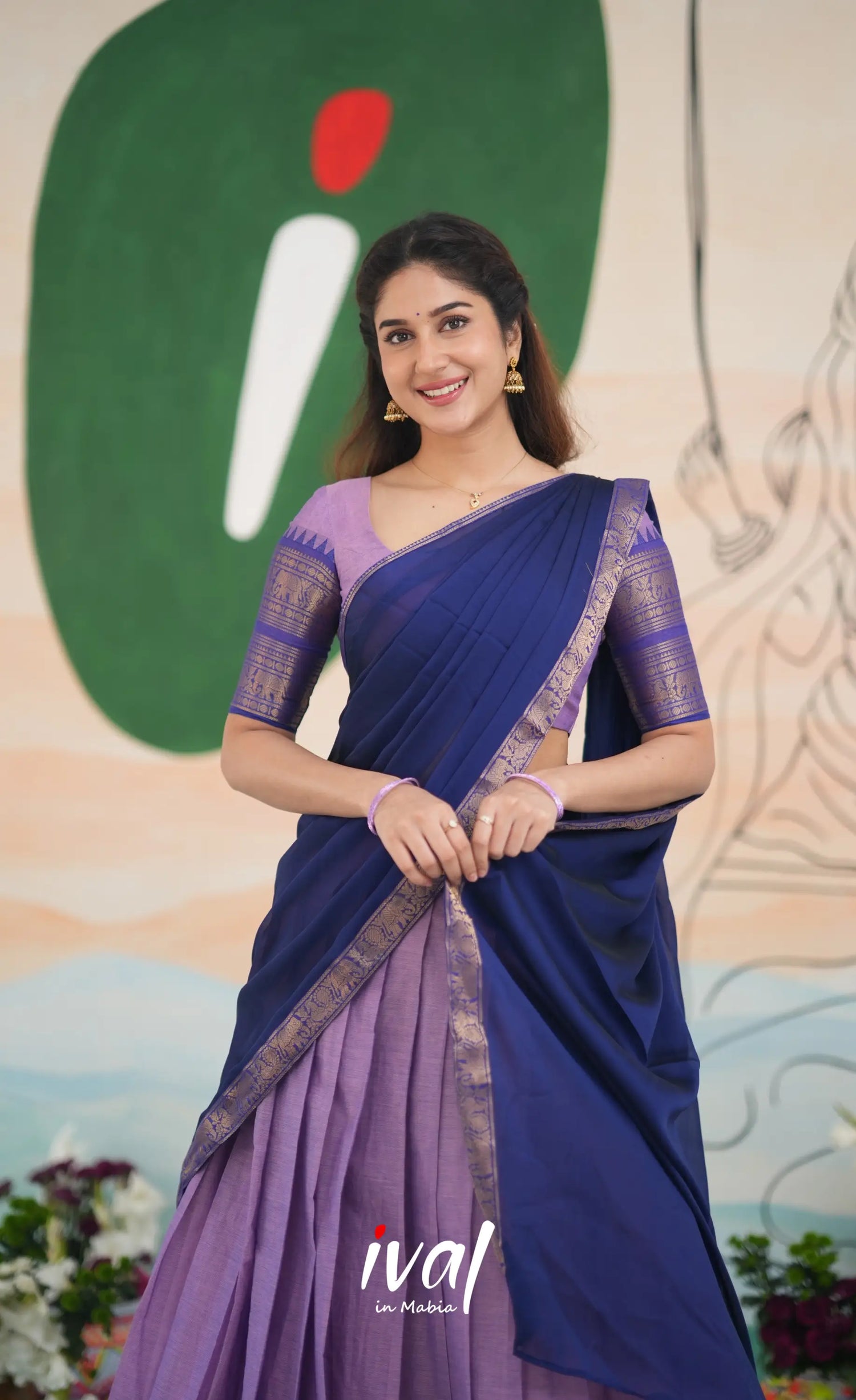 Padmaja Cotton Half Saree - Lavender and Dark Blue Half Sarees