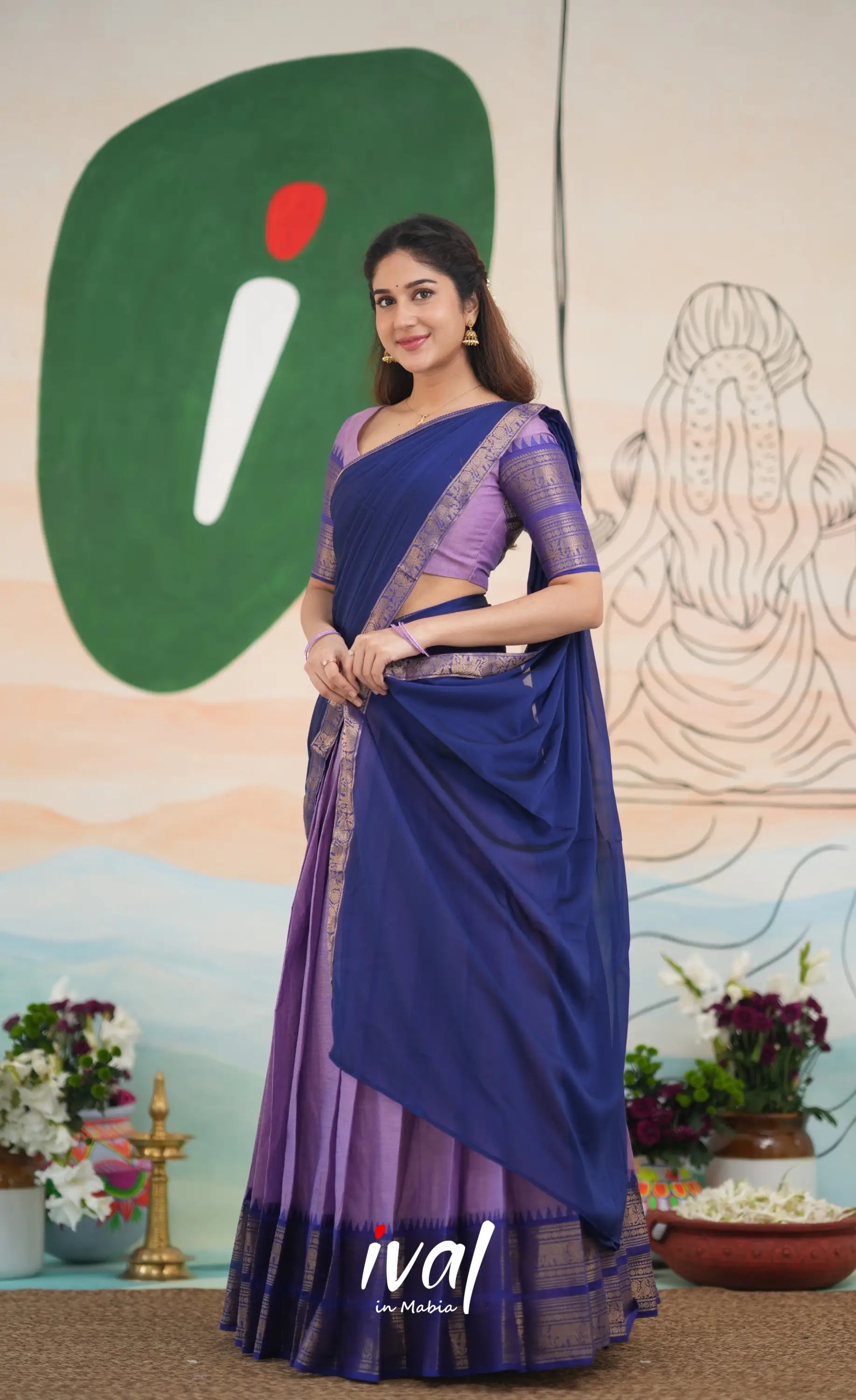 Padmaja Cotton Half Saree - Lavender and Dark Blue Half Sarees
