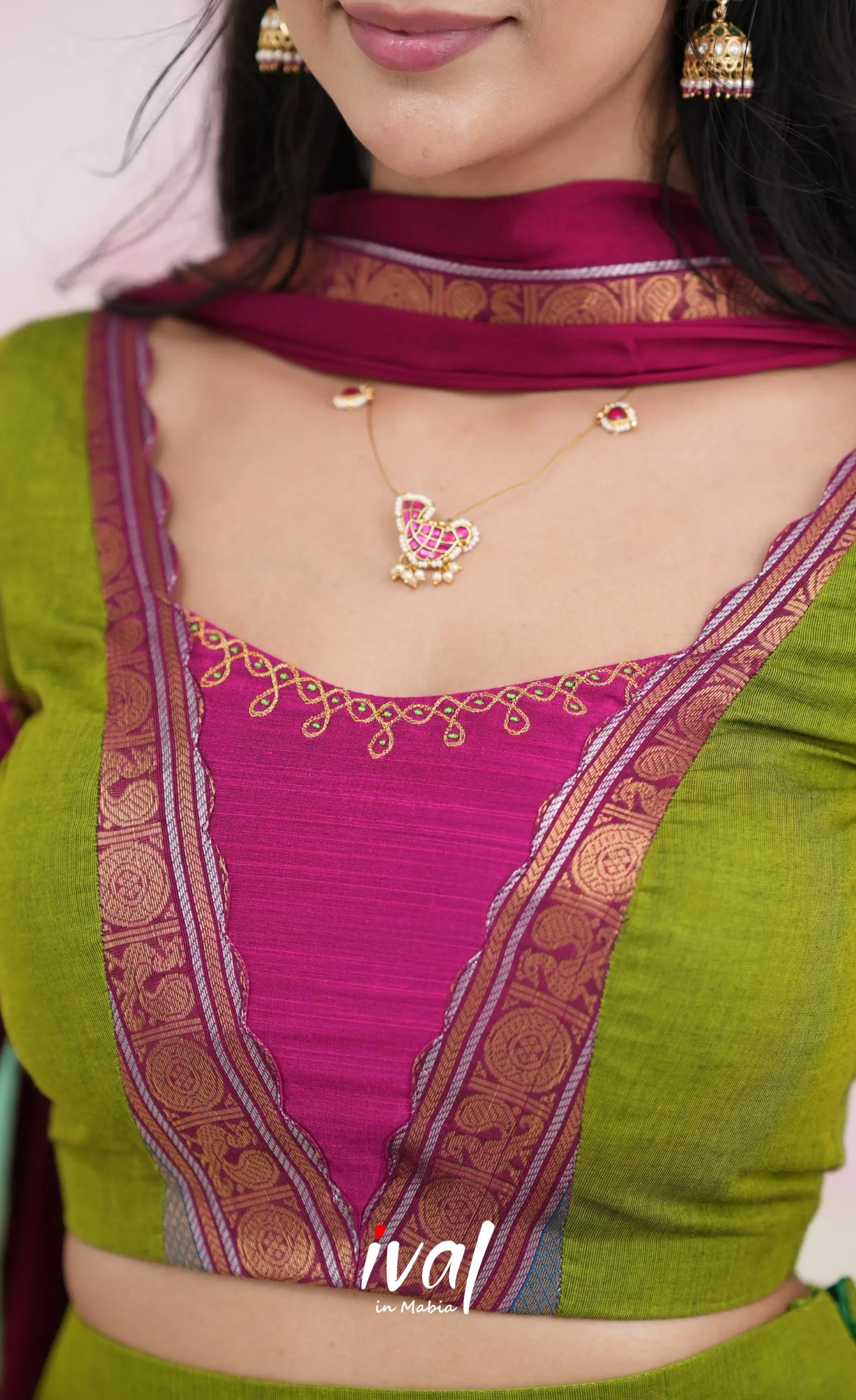 Padmaja Cotton Half Saree - Leaf Green and Magenta Pink Half Sarees