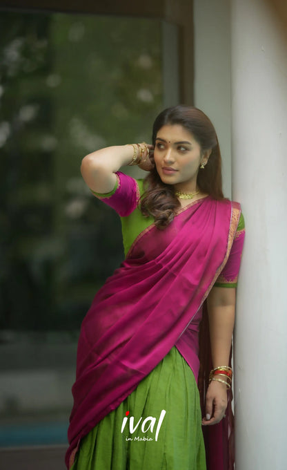 Padmaja Cotton Half Saree - Leaf Green and Magenta Pink Half Sarees