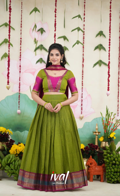 Padmaja Cotton Half Saree - Leaf Green and Magenta Pink Half Sarees
