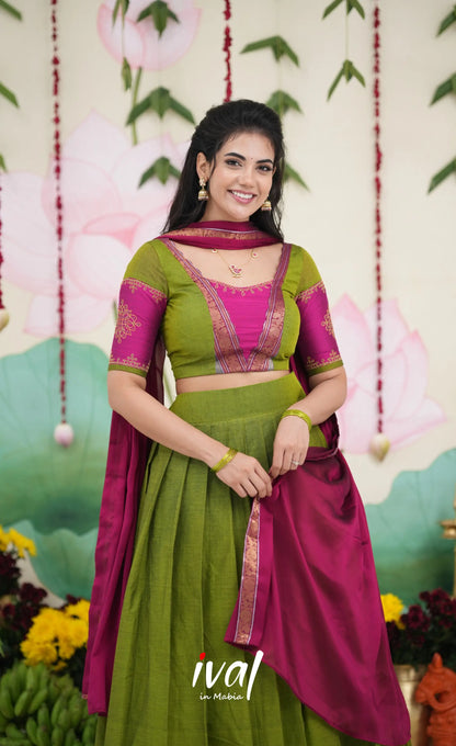Padmaja Cotton Half Saree - Leaf Green and Magenta Pink Half Sarees