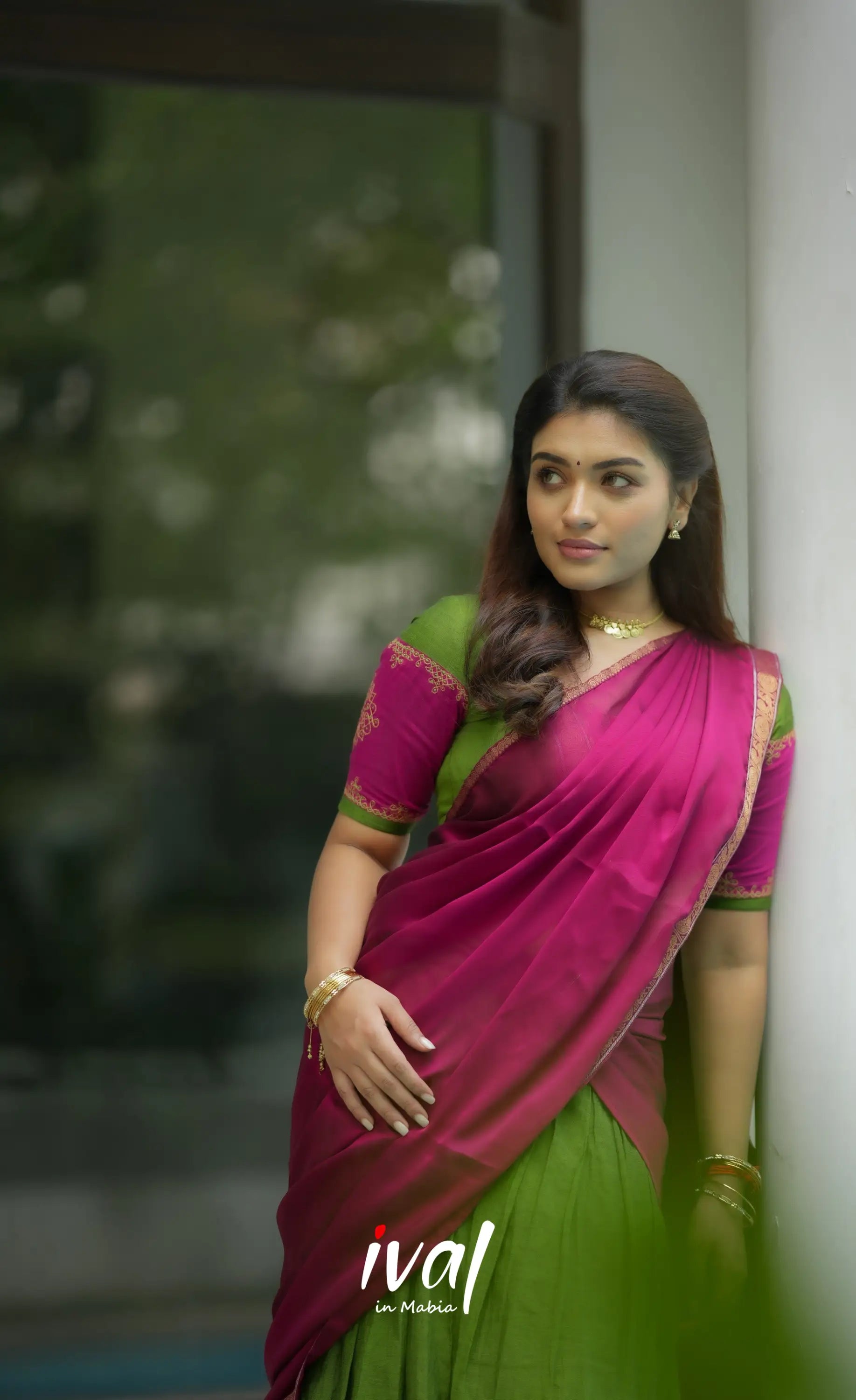 Padmaja Cotton Half Saree - Leaf Green and Magenta Pink Half Sarees