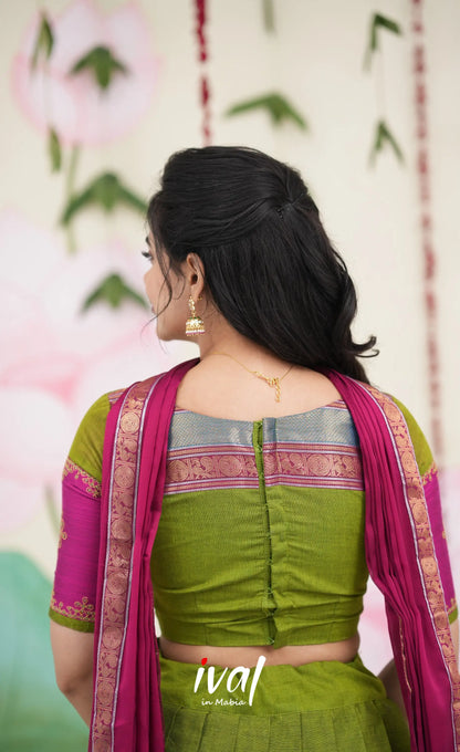 Padmaja Cotton Half Saree - Leaf Green and Magenta Pink Half Sarees