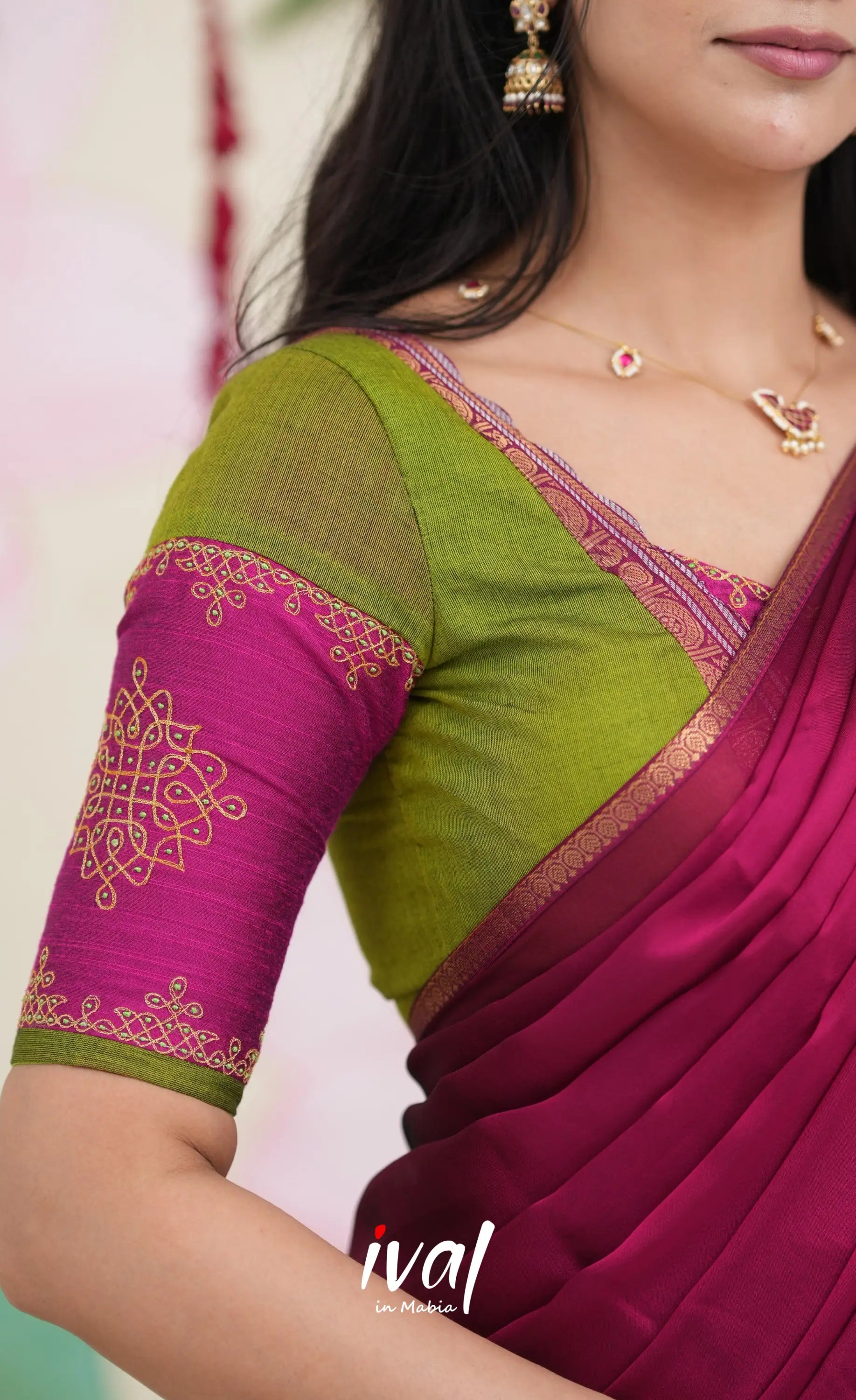 Padmaja Cotton Half Saree - Leaf Green and Magenta Pink Half Sarees