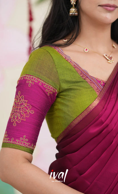 Padmaja Cotton Half Saree - Leaf Green and Magenta Pink Half Sarees