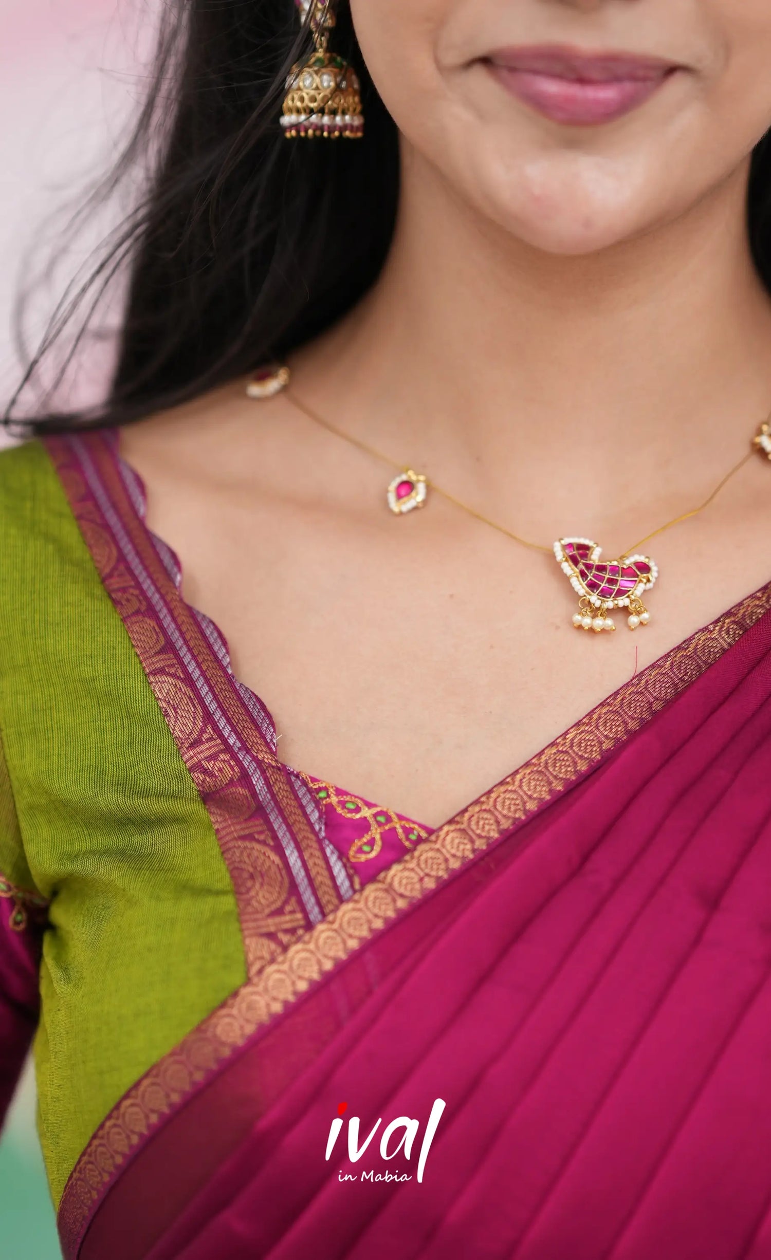 Padmaja Cotton Half Saree - Leaf Green and Magenta Pink Half Sarees