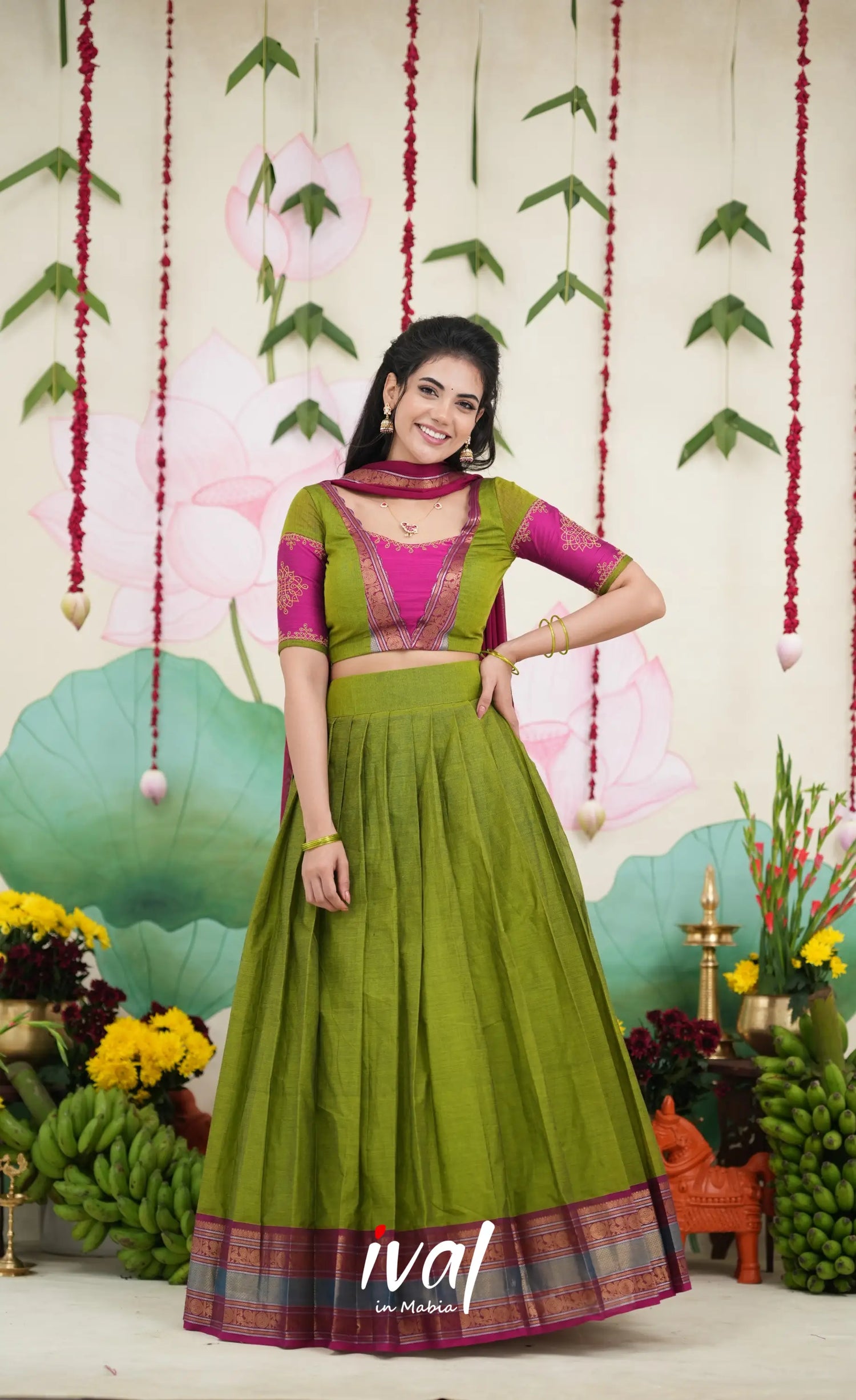 Padmaja Cotton Half Saree - Leaf Green and Magenta Pink Half Sarees
