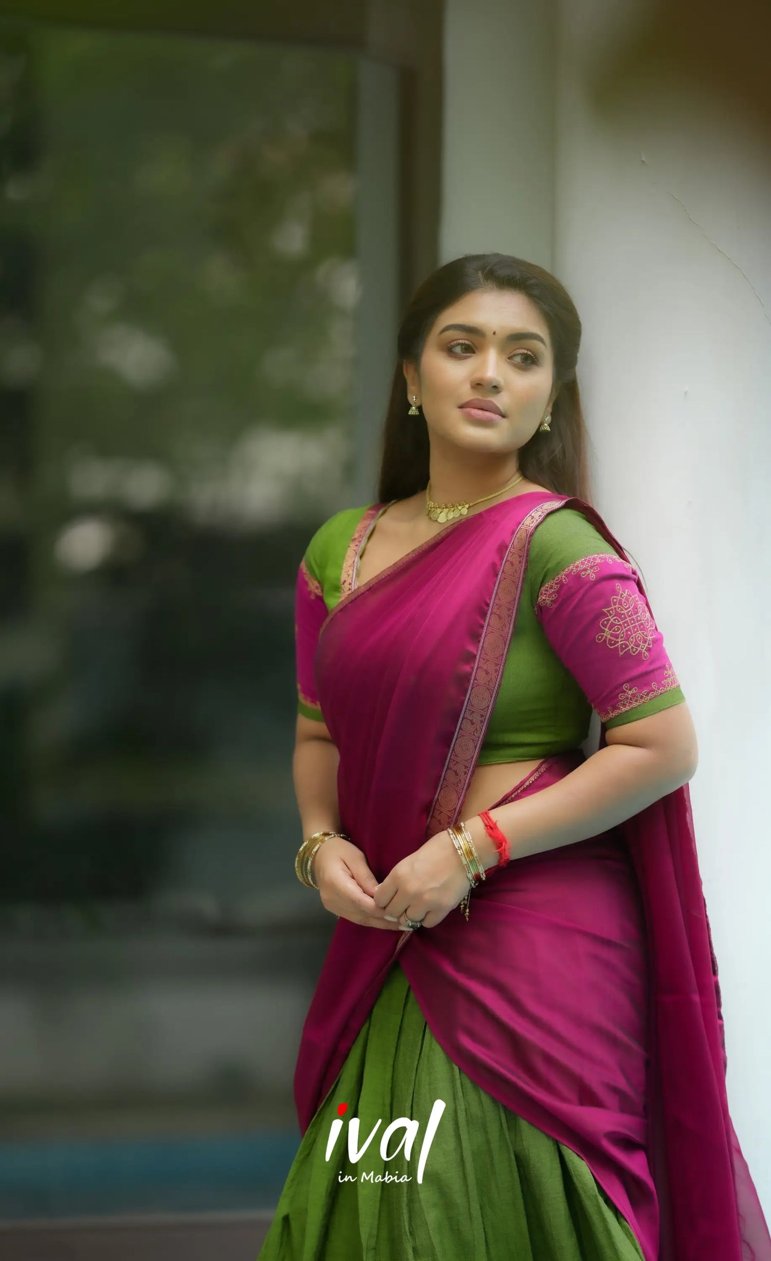 Padmaja Cotton Half Saree - Leaf Green and Magenta Pink Half Sarees