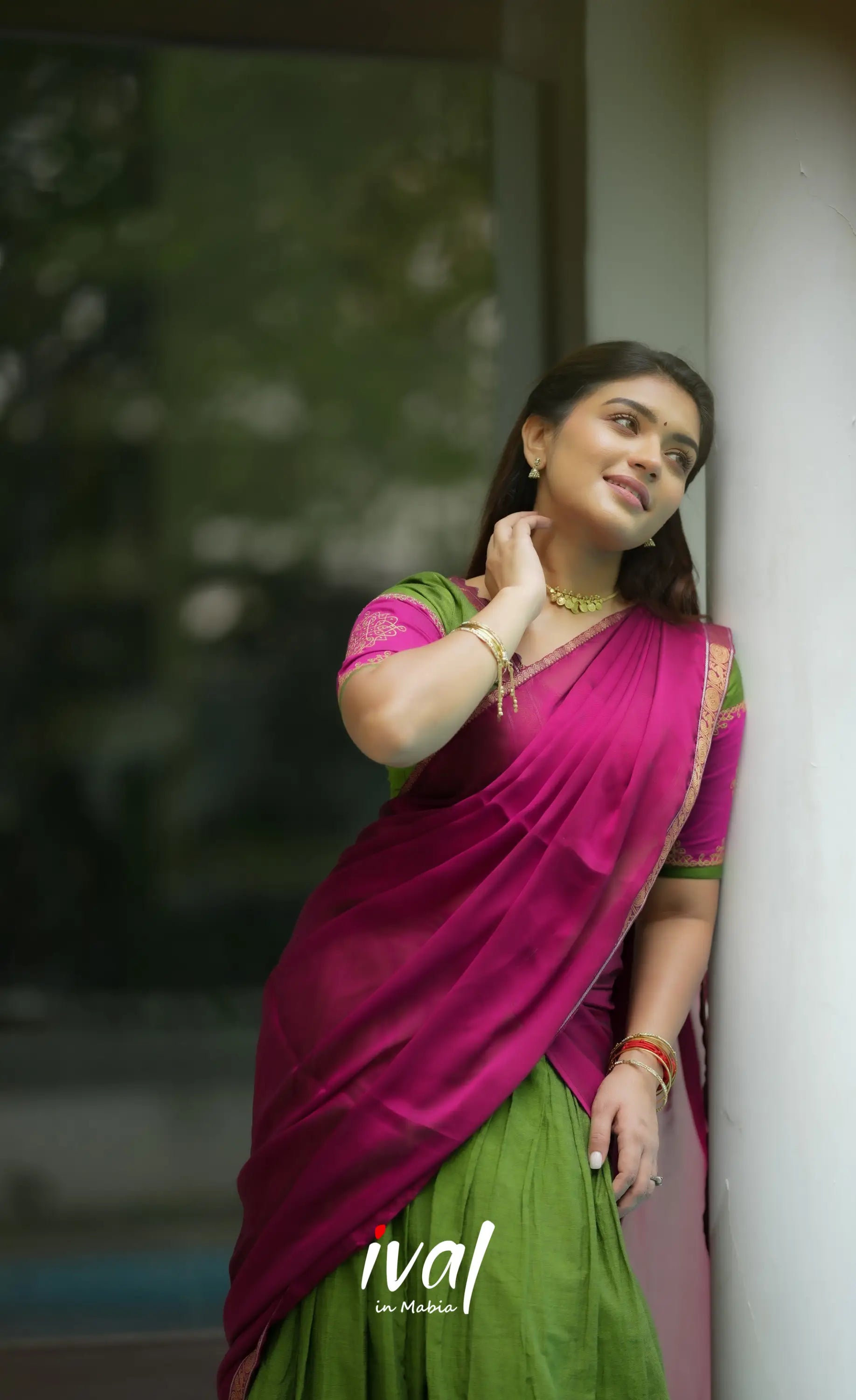 Padmaja Cotton Half Saree - Leaf Green and Magenta Pink Half Sarees