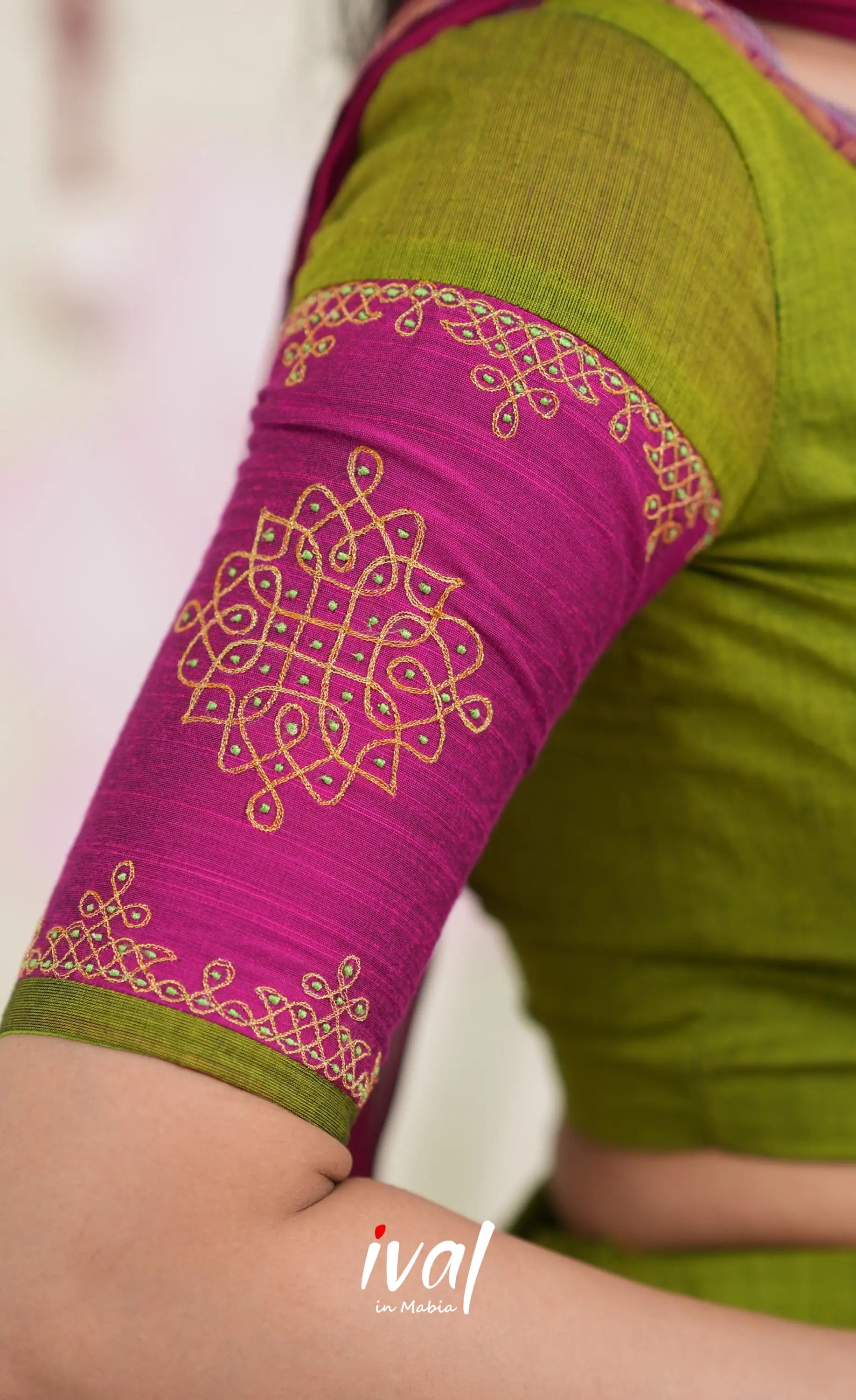 Padmaja Cotton Half Saree - Leaf Green and Magenta Pink Half Sarees