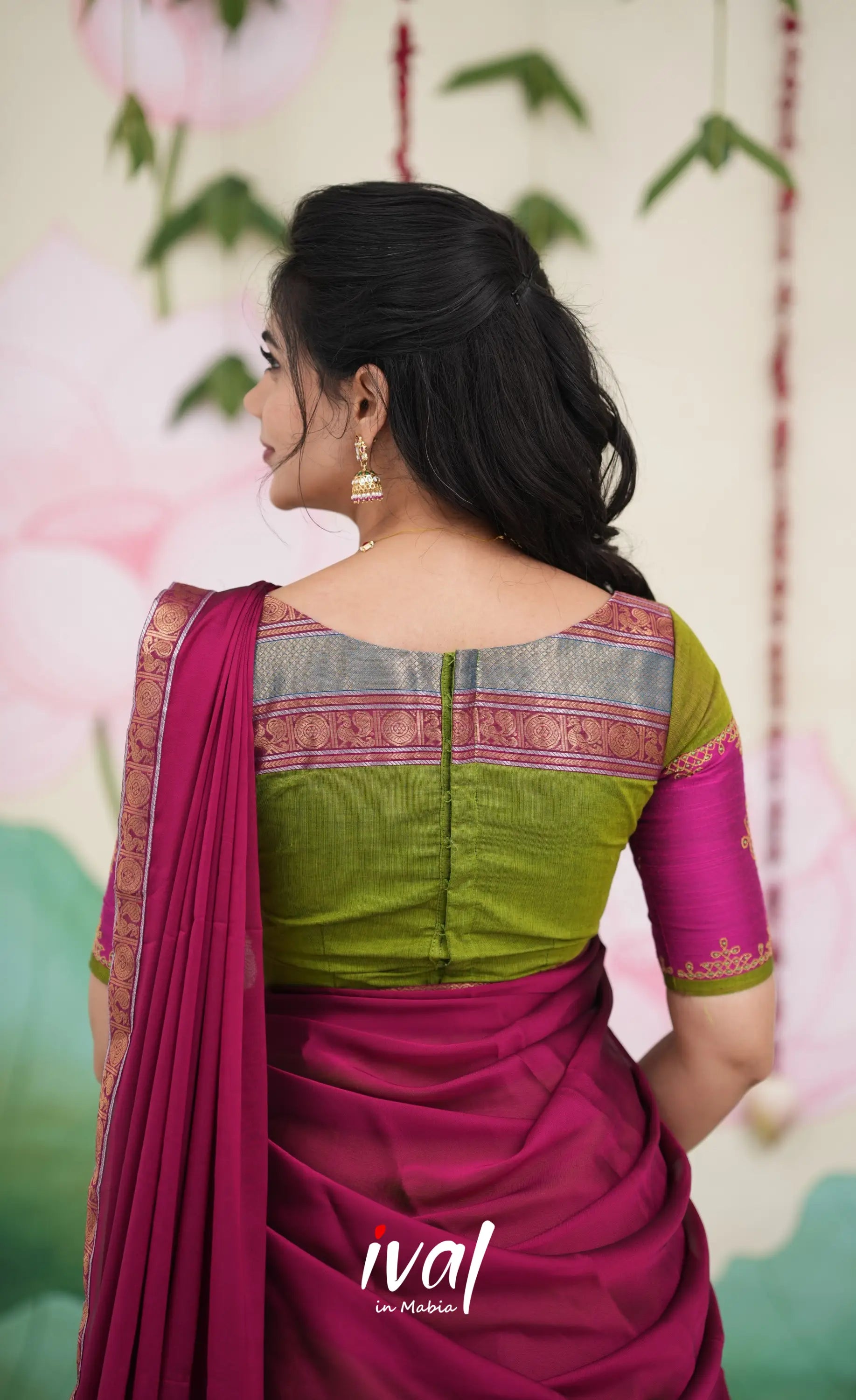 Padmaja Cotton Half Saree - Leaf Green and Magenta Pink Half Sarees