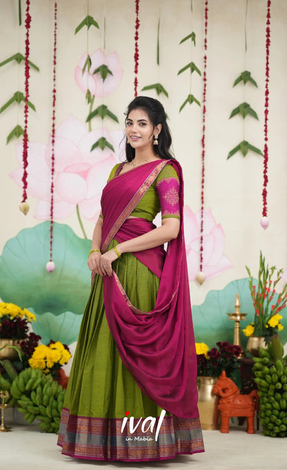 Padmaja Cotton Half Saree - Leaf Green and Magenta Pink Half Sarees
